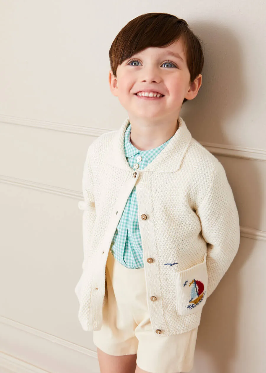 Nautical Boat Embroidery Polo Collar Cardigan in Cream (12mths-4yrs)