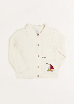 Nautical Boat Embroidery Polo Collar Cardigan in Cream (12mths-4yrs)