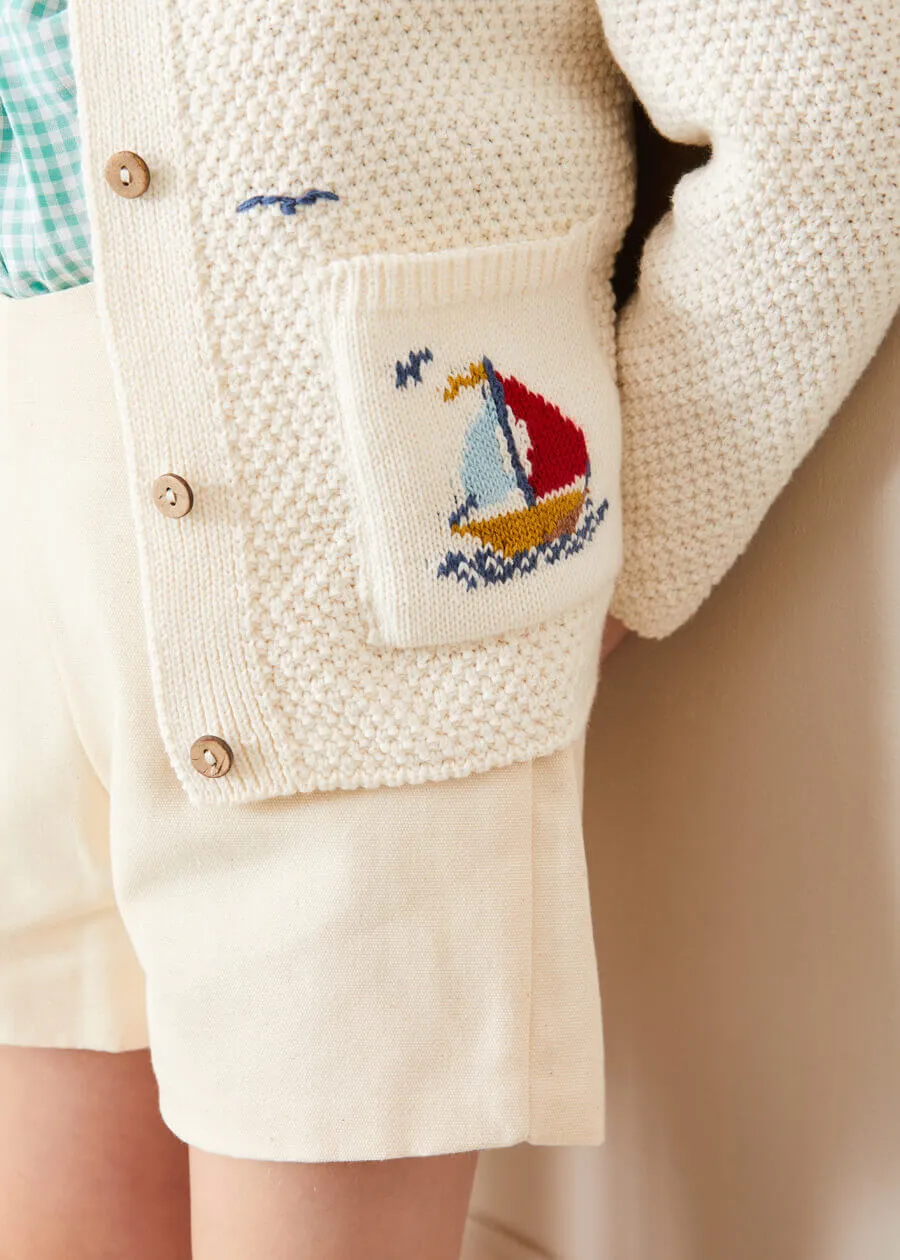 Nautical Boat Embroidery Polo Collar Cardigan in Cream (12mths-4yrs)