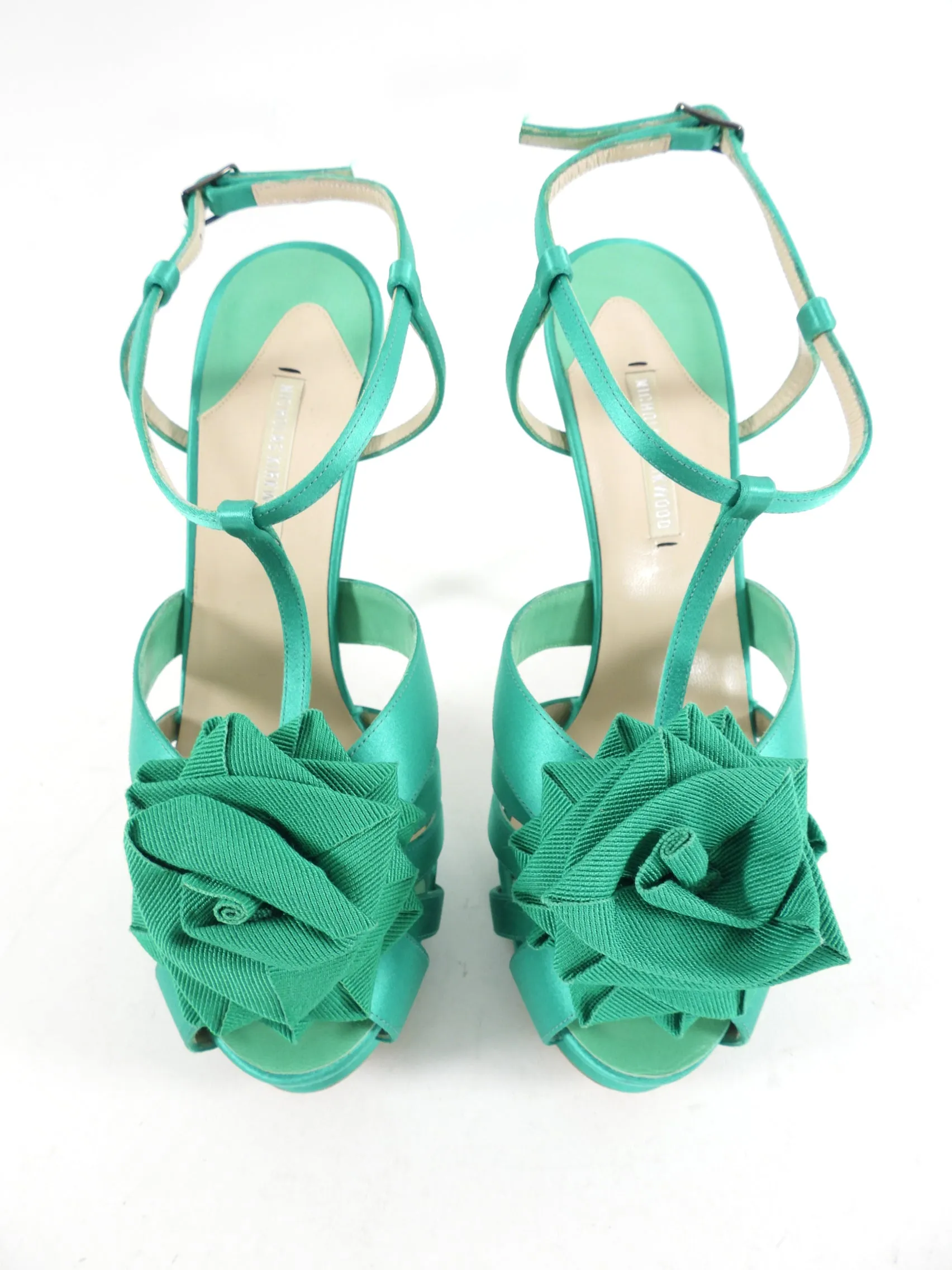 Nicholas Kirkwood Green Satin Platform Bow Sandals - 38 / 7.5