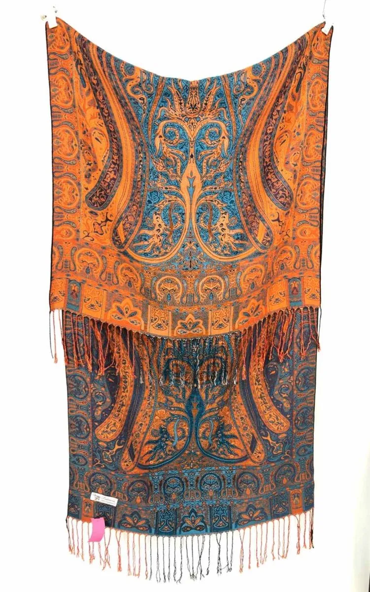 PASHMINA Orange Turquoise Cashmere Print Fringe Scarf