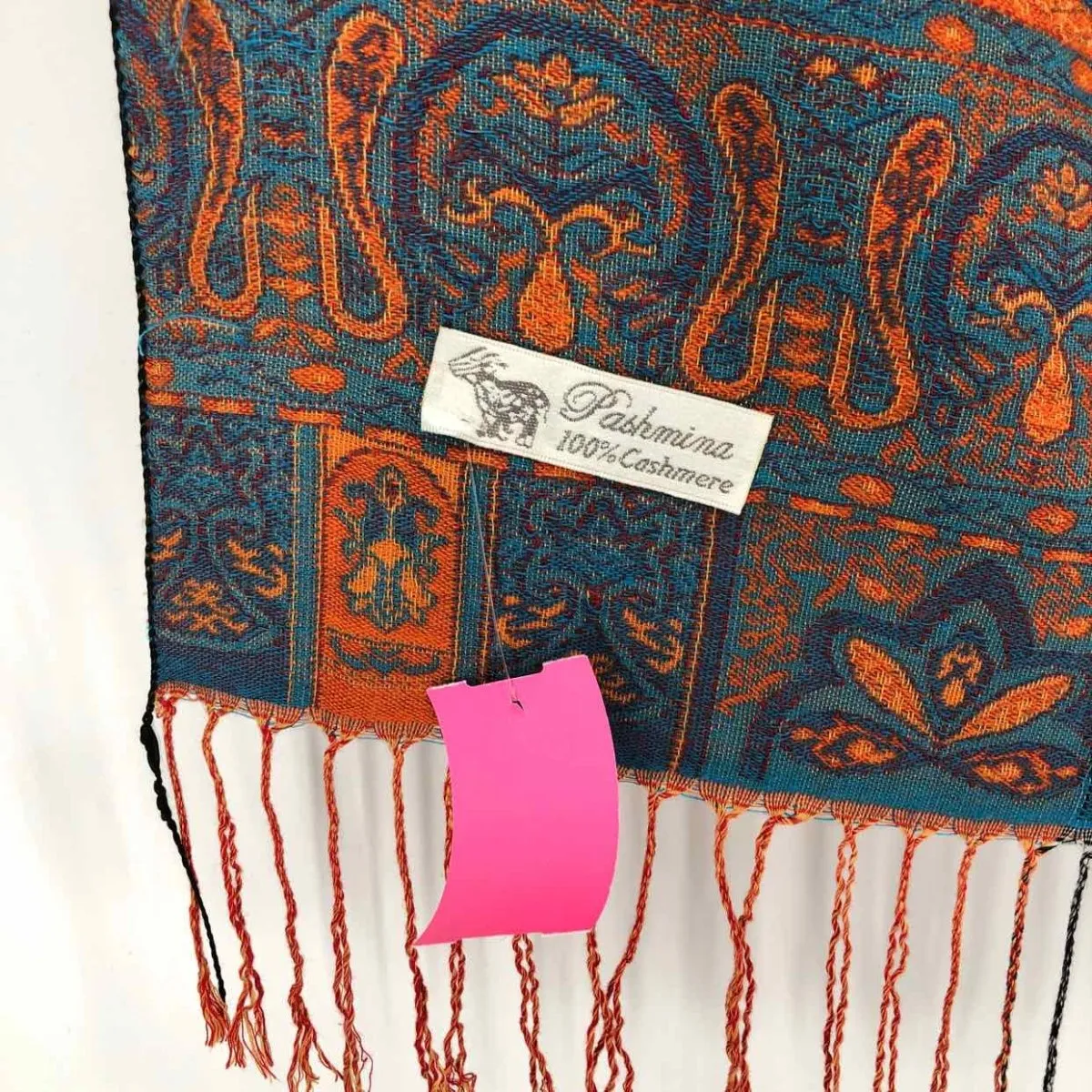 PASHMINA Orange Turquoise Cashmere Print Fringe Scarf