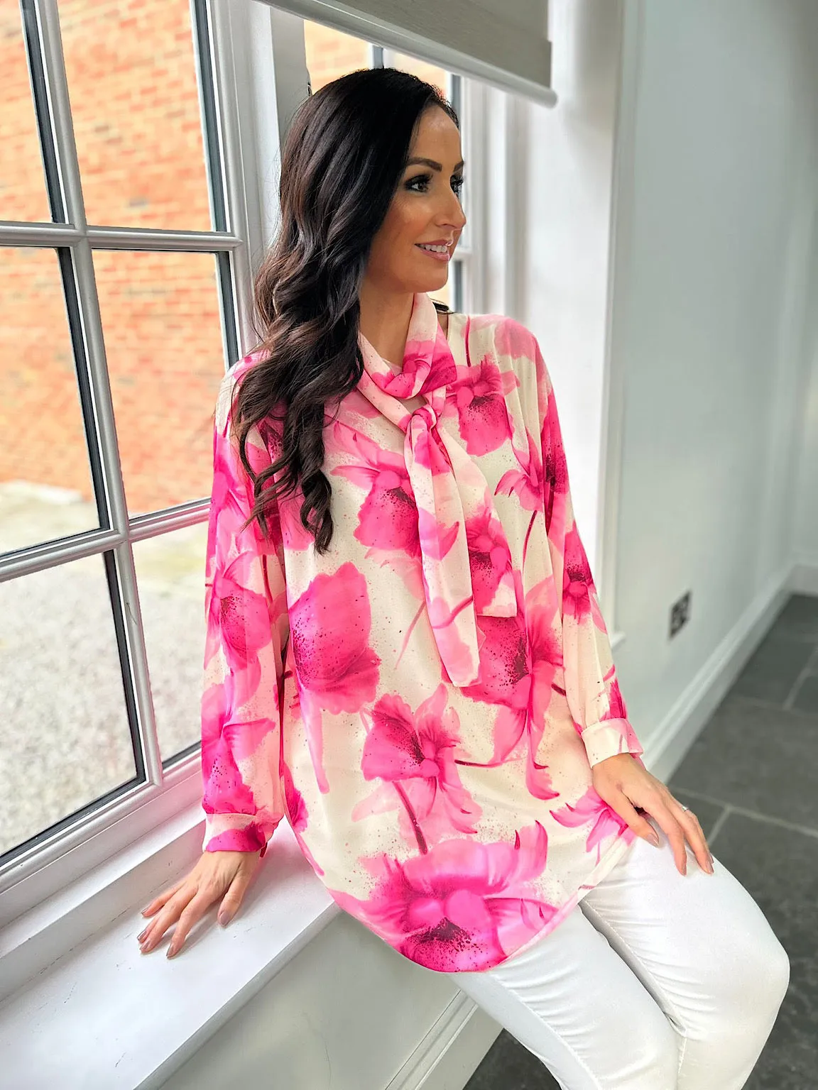 Pink Floral Long Line Scarf Blouse Tia