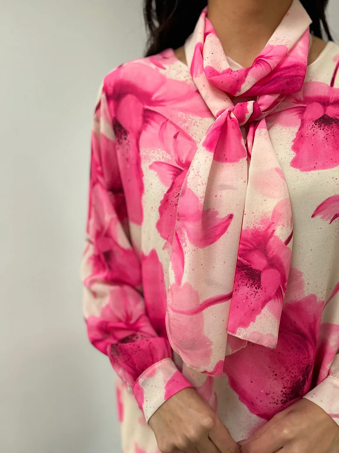 Pink Floral Long Line Scarf Blouse Tia