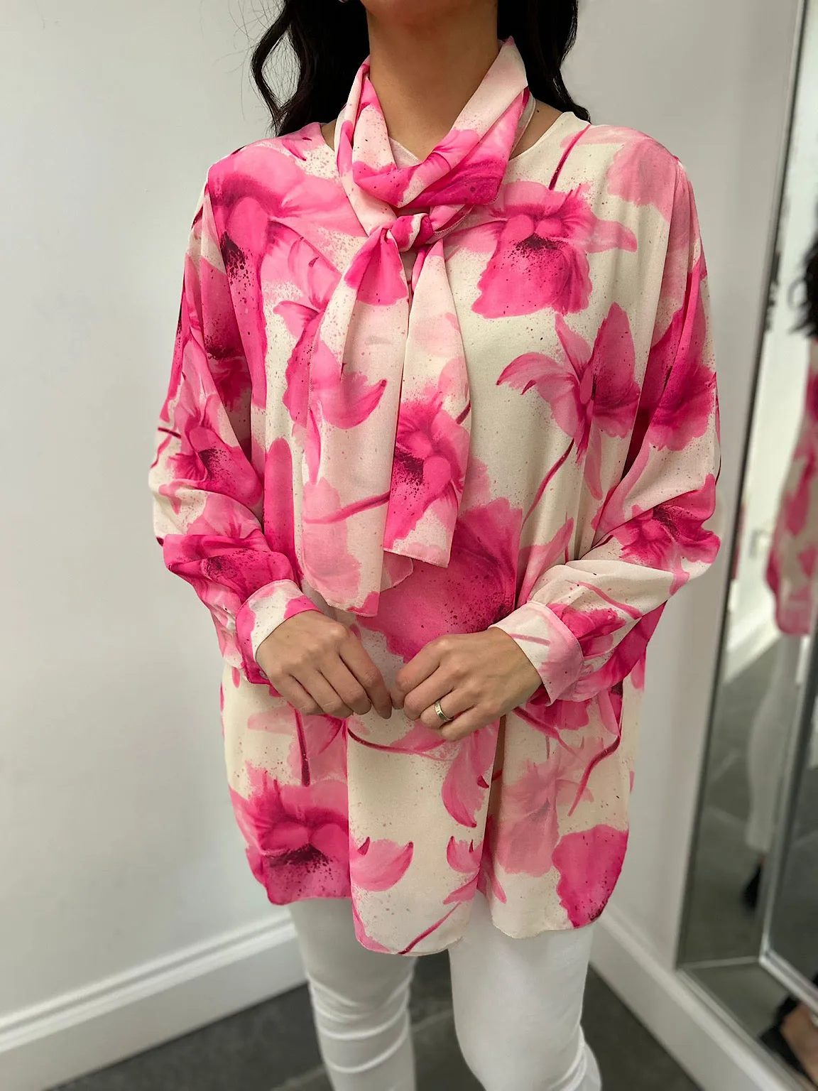 Pink Floral Long Line Scarf Blouse Tia