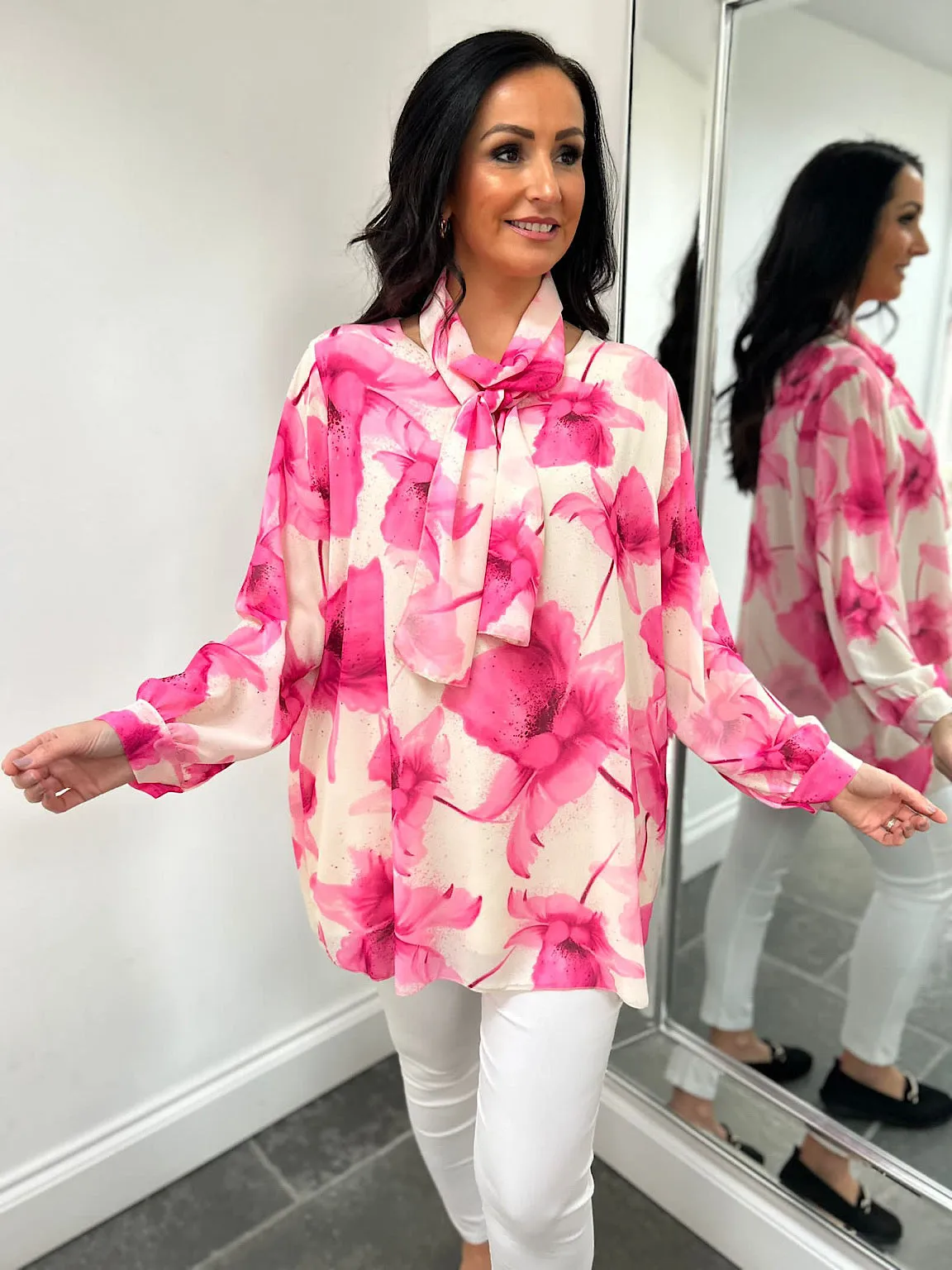 Pink Floral Long Line Scarf Blouse Tia