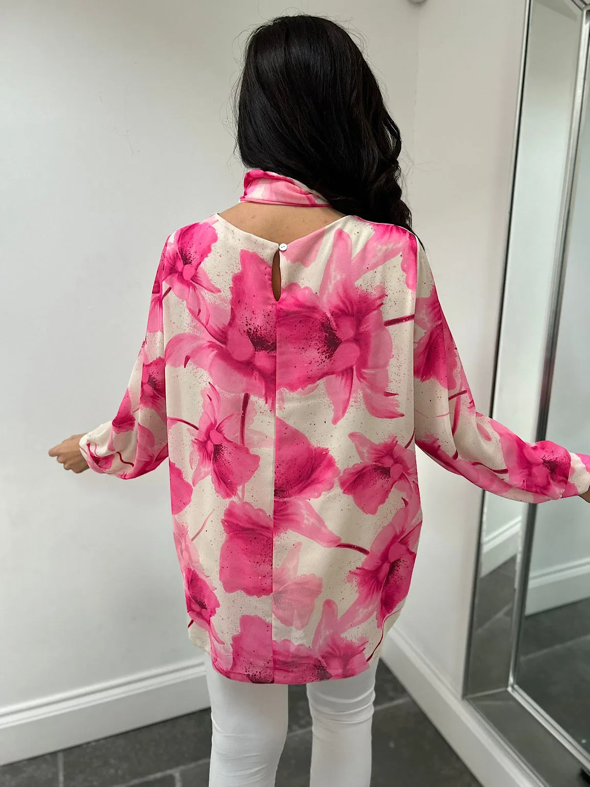 Pink Floral Long Line Scarf Blouse Tia