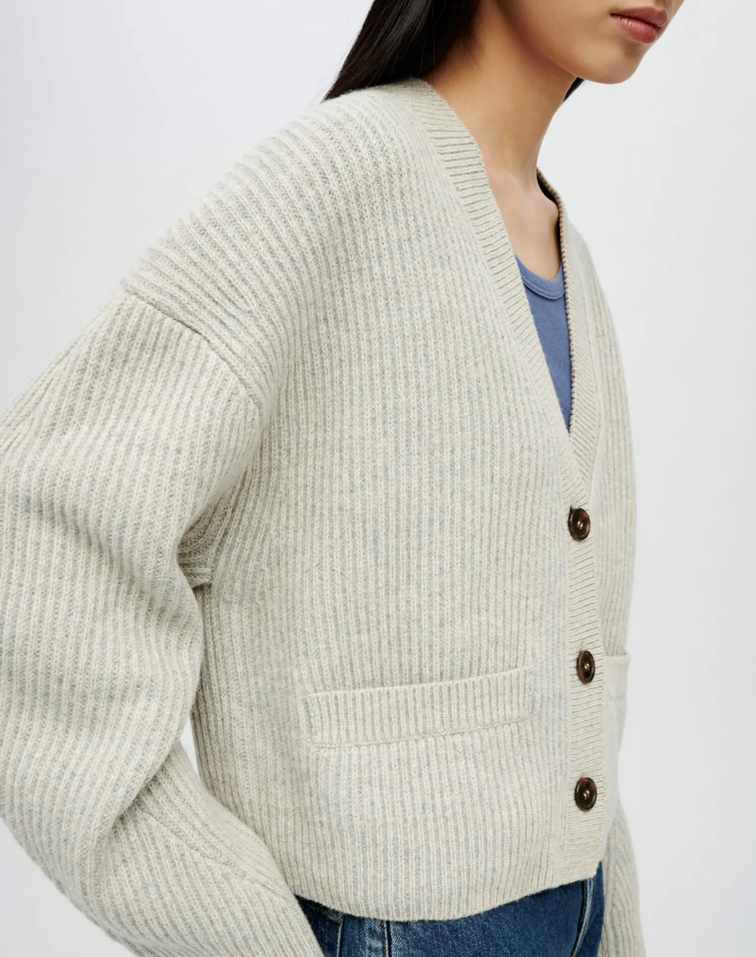 Plaited Cropped V Neck Cardigan - Oatmeal Grey Heather