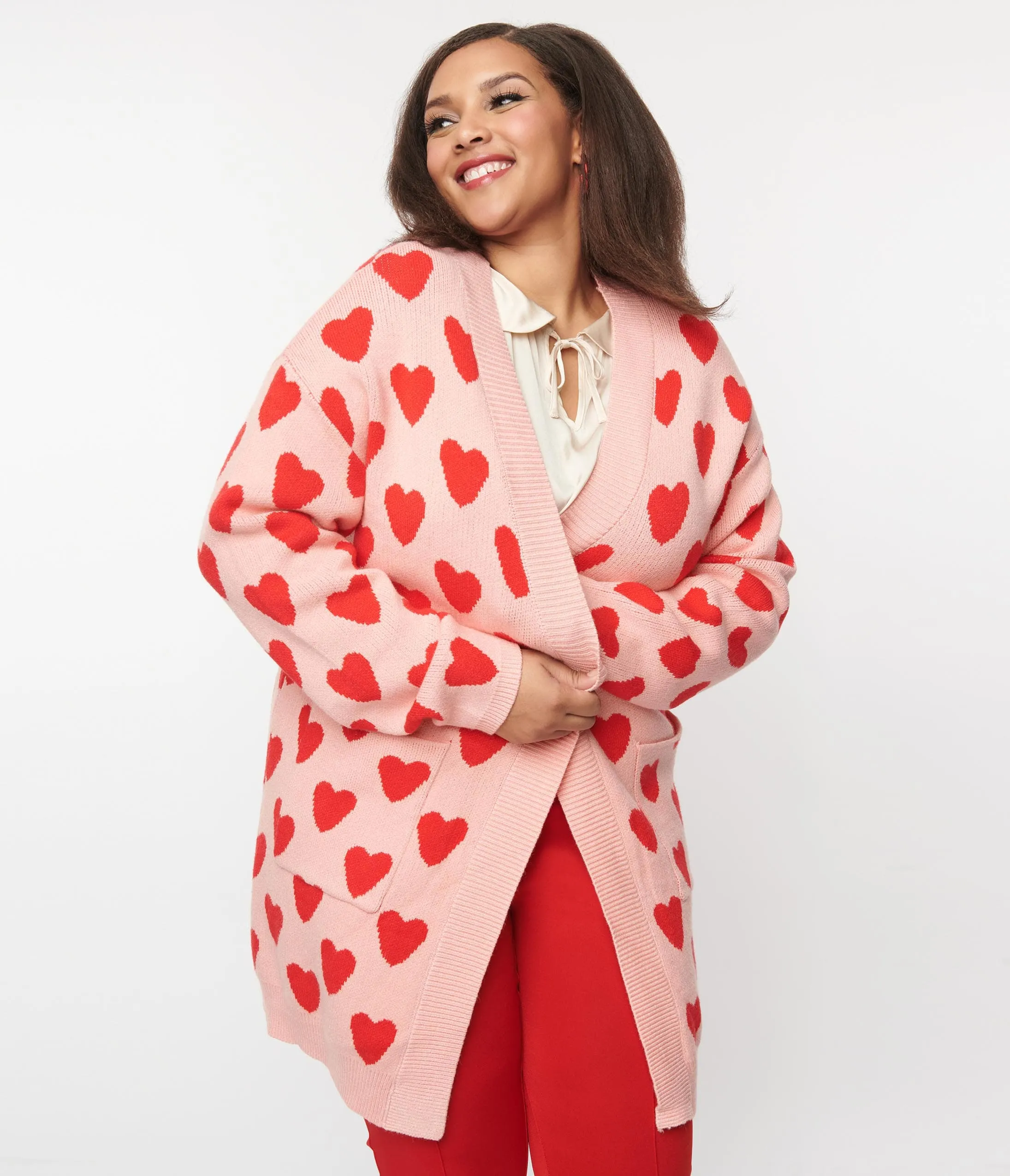 Plus Size Pink & Red Hearts Open Cardigan