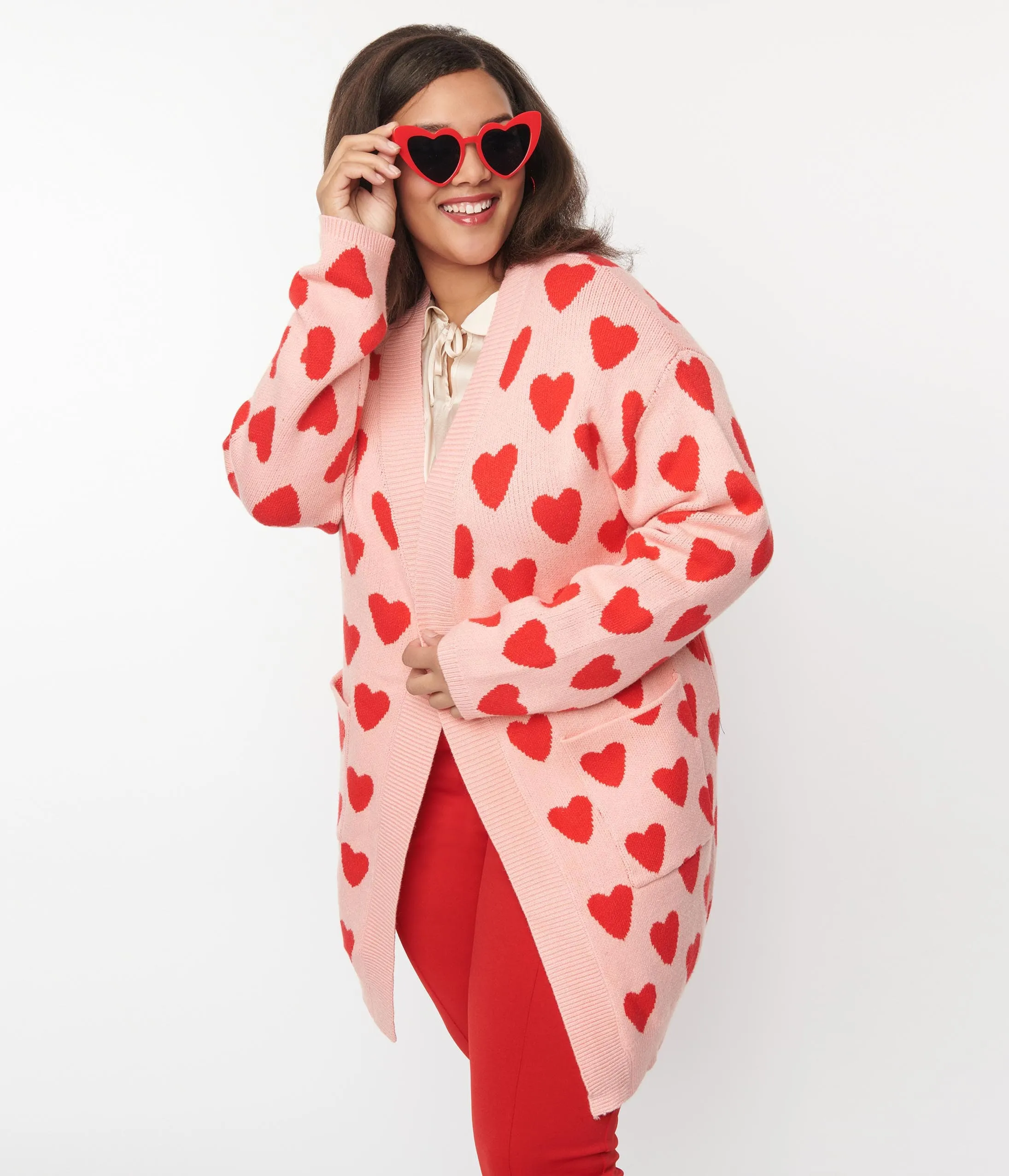 Plus Size Pink & Red Hearts Open Cardigan