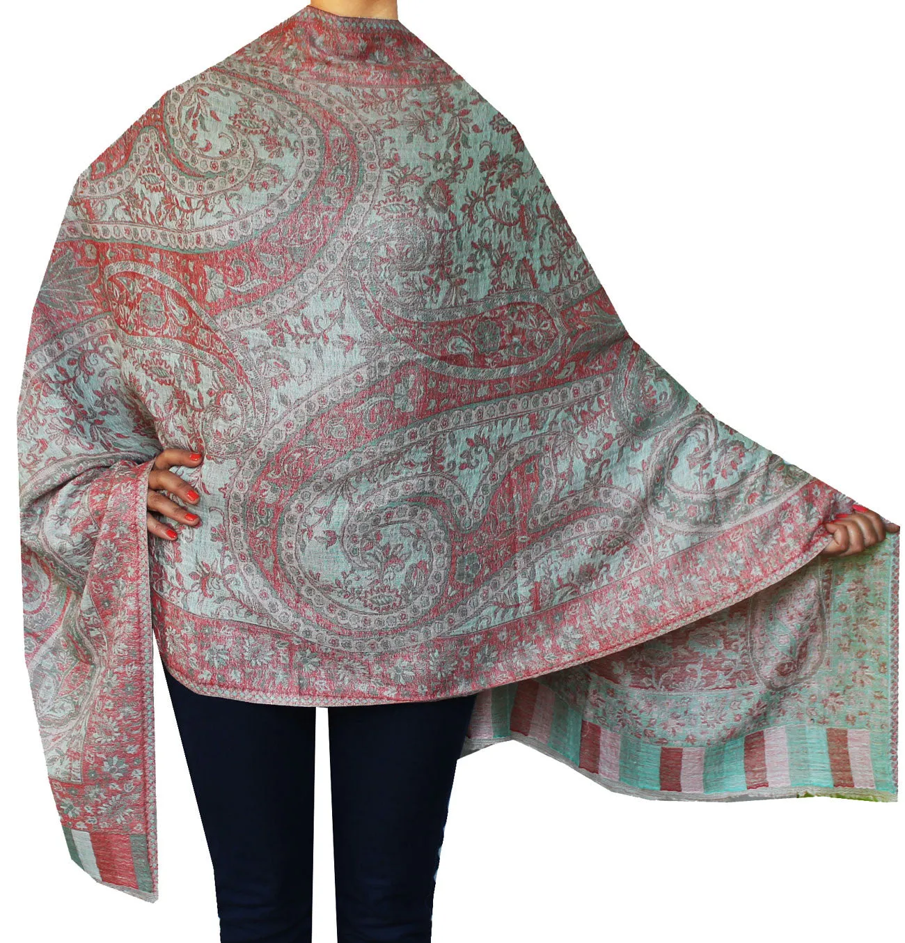 Pure Wool Paisley Shawl Scarves Womens Indian Clothing (Peach, 84 x 30 inches)