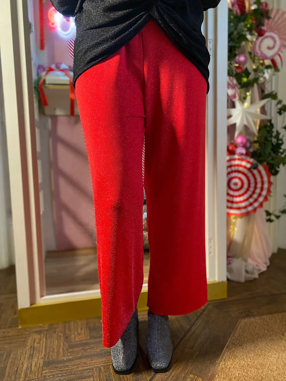 Red Wide Leg Shimmer Trousers