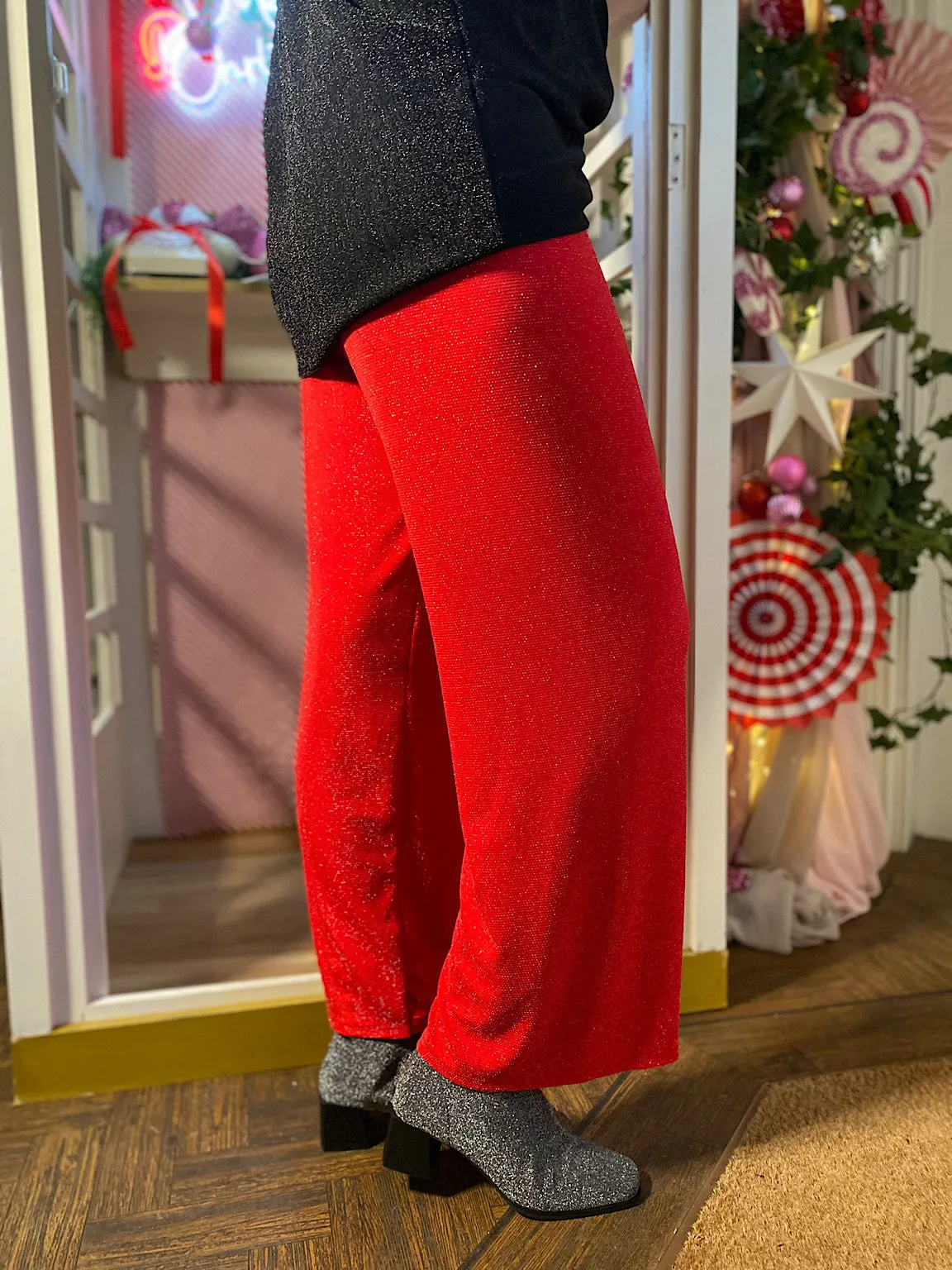 Red Wide Leg Shimmer Trousers