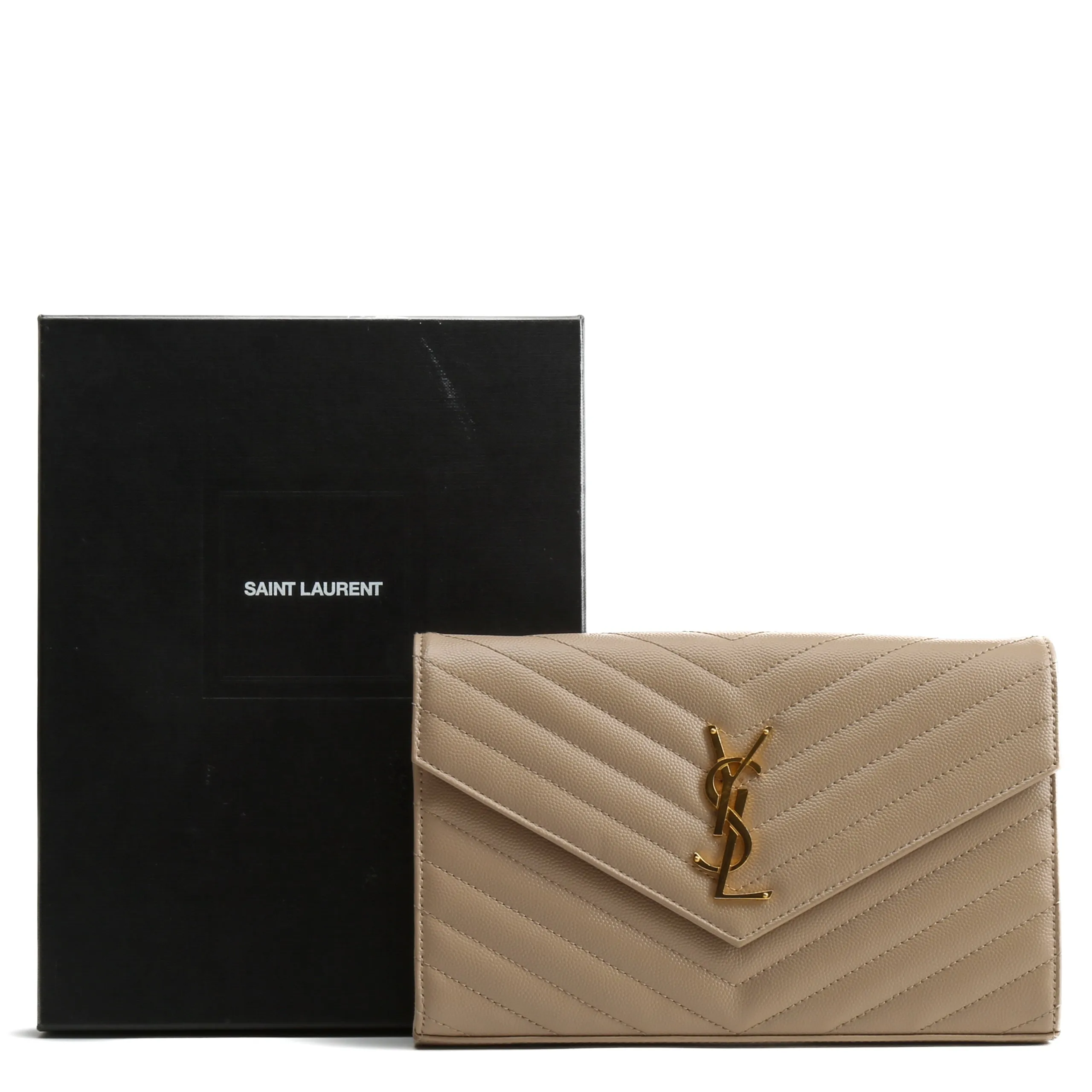 SAINT LAURENT Cassandre Envelope Chain Wallet - Dark Beige