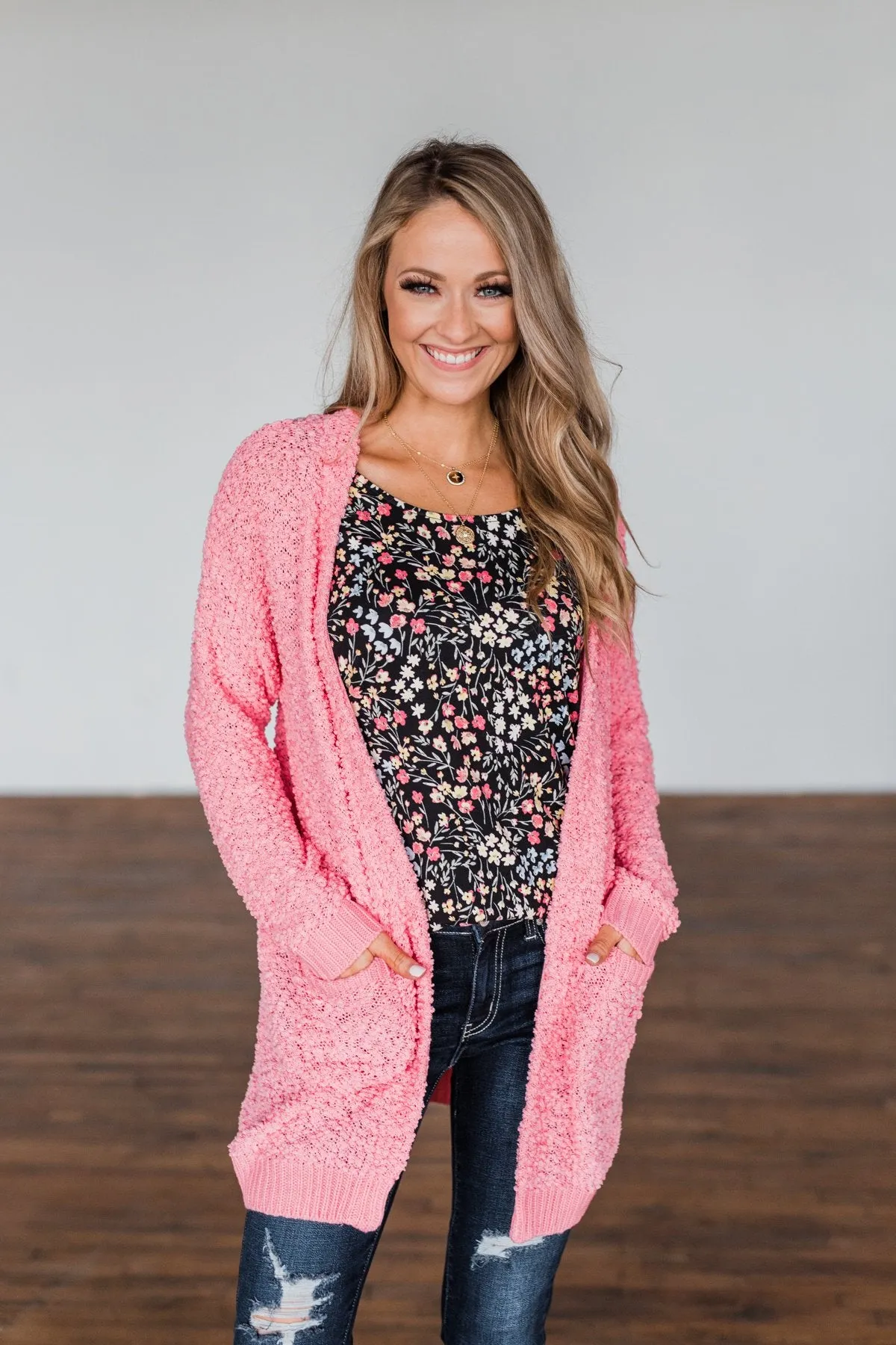 Stealing Glances Popcorn Knit Cardigan- Bubblegum Pink