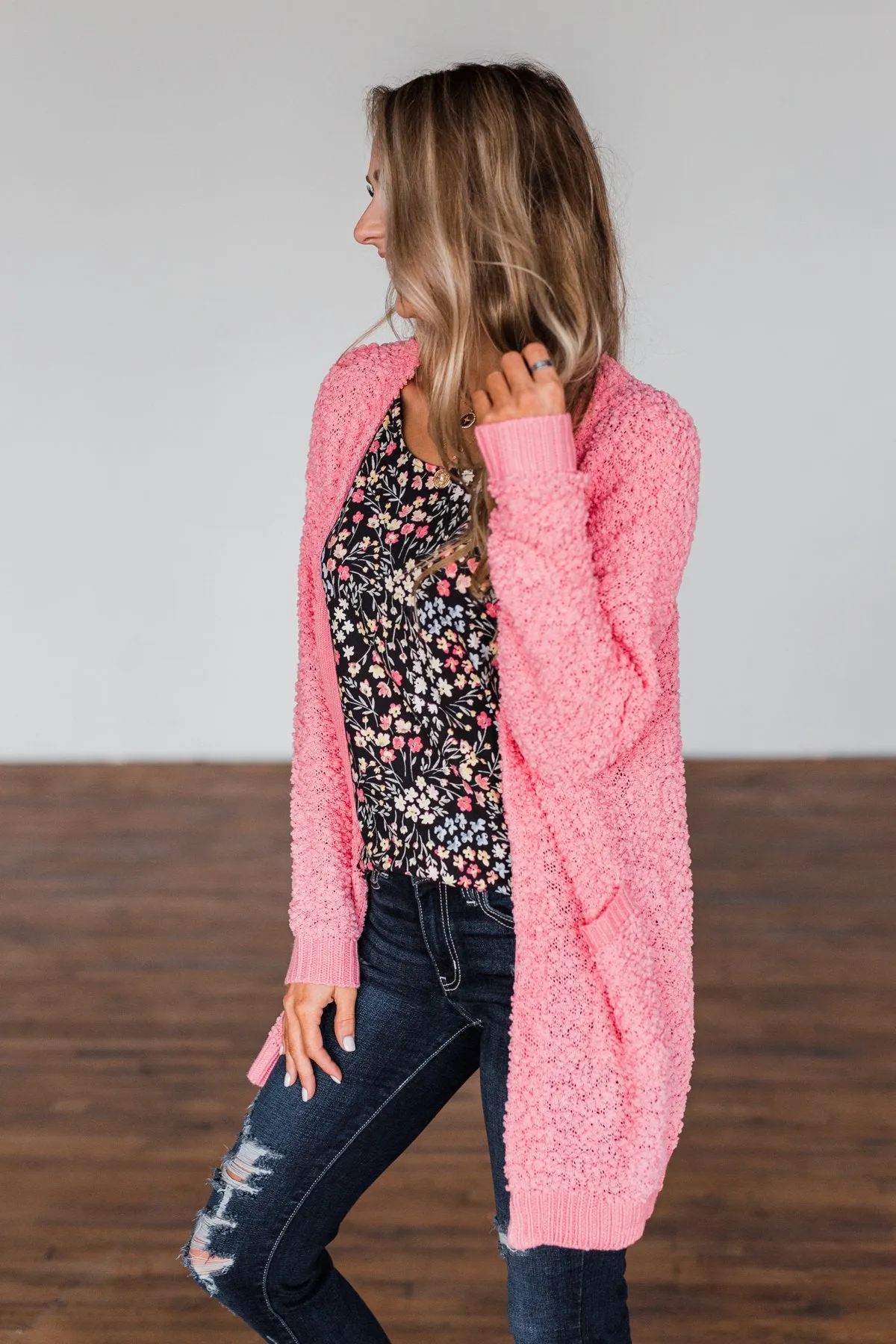 Stealing Glances Popcorn Knit Cardigan- Bubblegum Pink