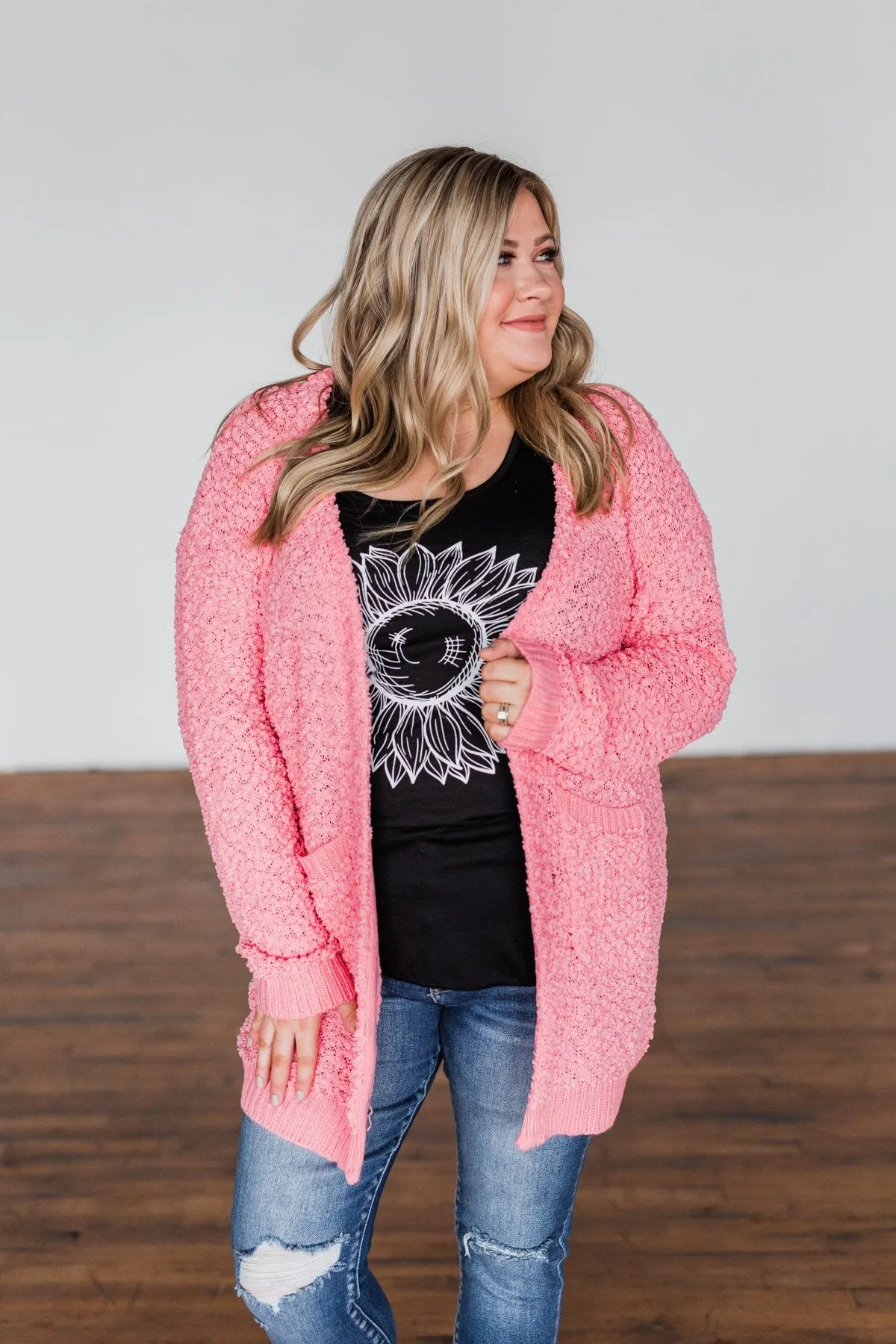 Stealing Glances Popcorn Knit Cardigan- Bubblegum Pink