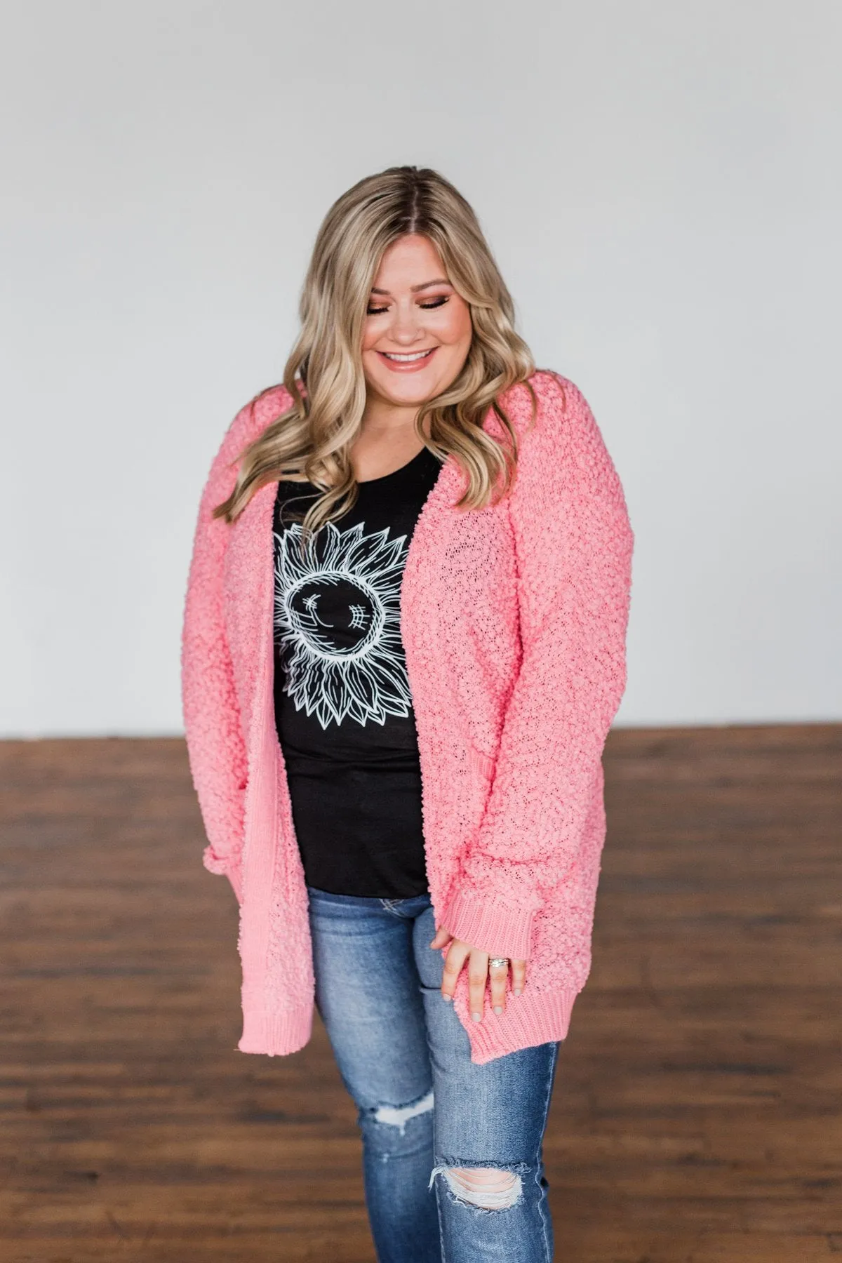 Stealing Glances Popcorn Knit Cardigan- Bubblegum Pink