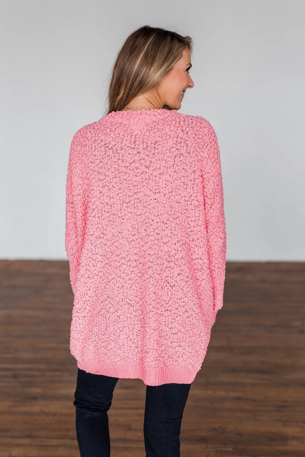 Stealing Glances Popcorn Knit Cardigan- Bubblegum Pink