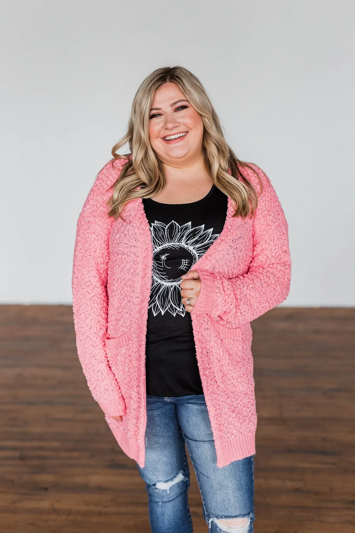 Stealing Glances Popcorn Knit Cardigan- Bubblegum Pink