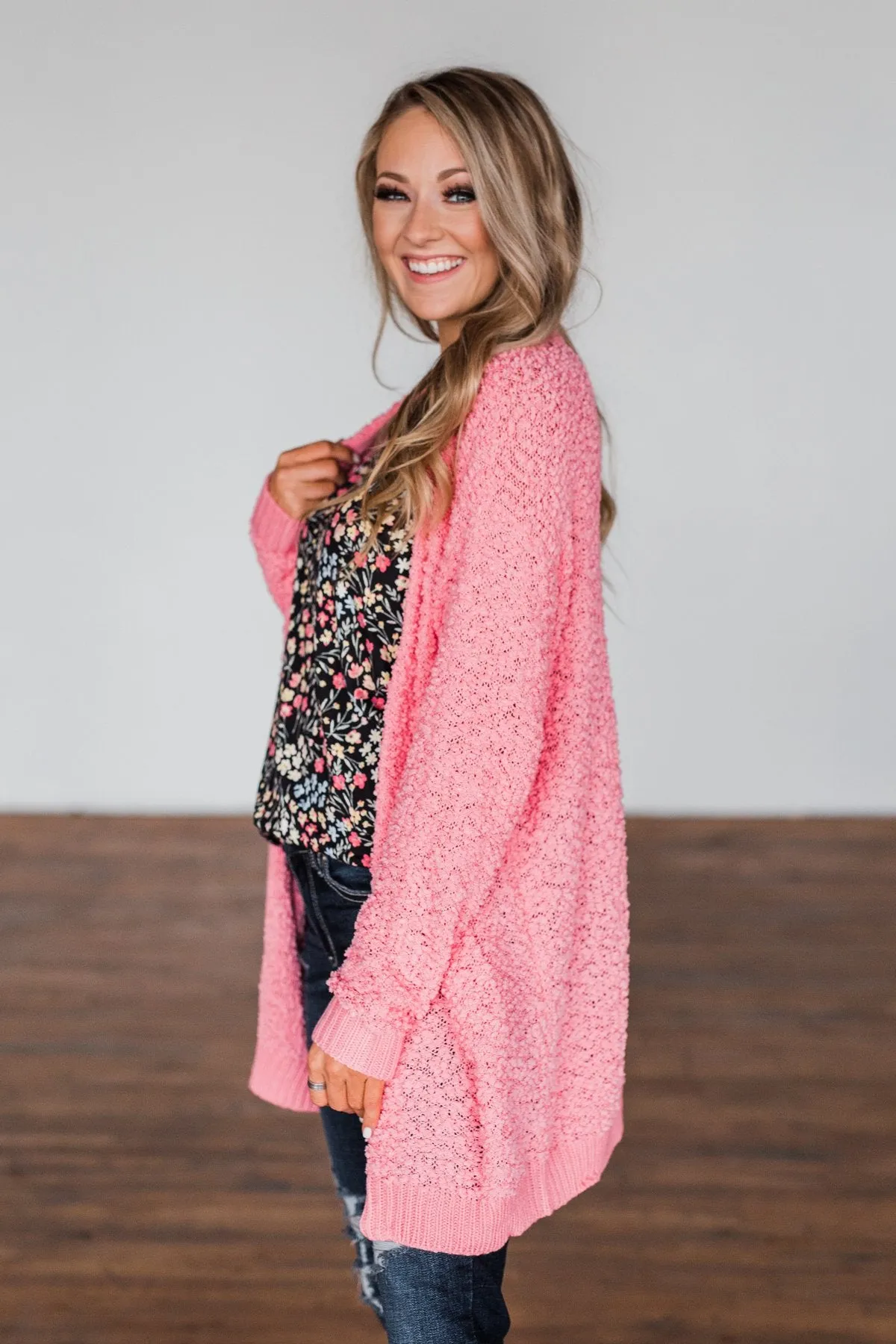 Stealing Glances Popcorn Knit Cardigan- Bubblegum Pink