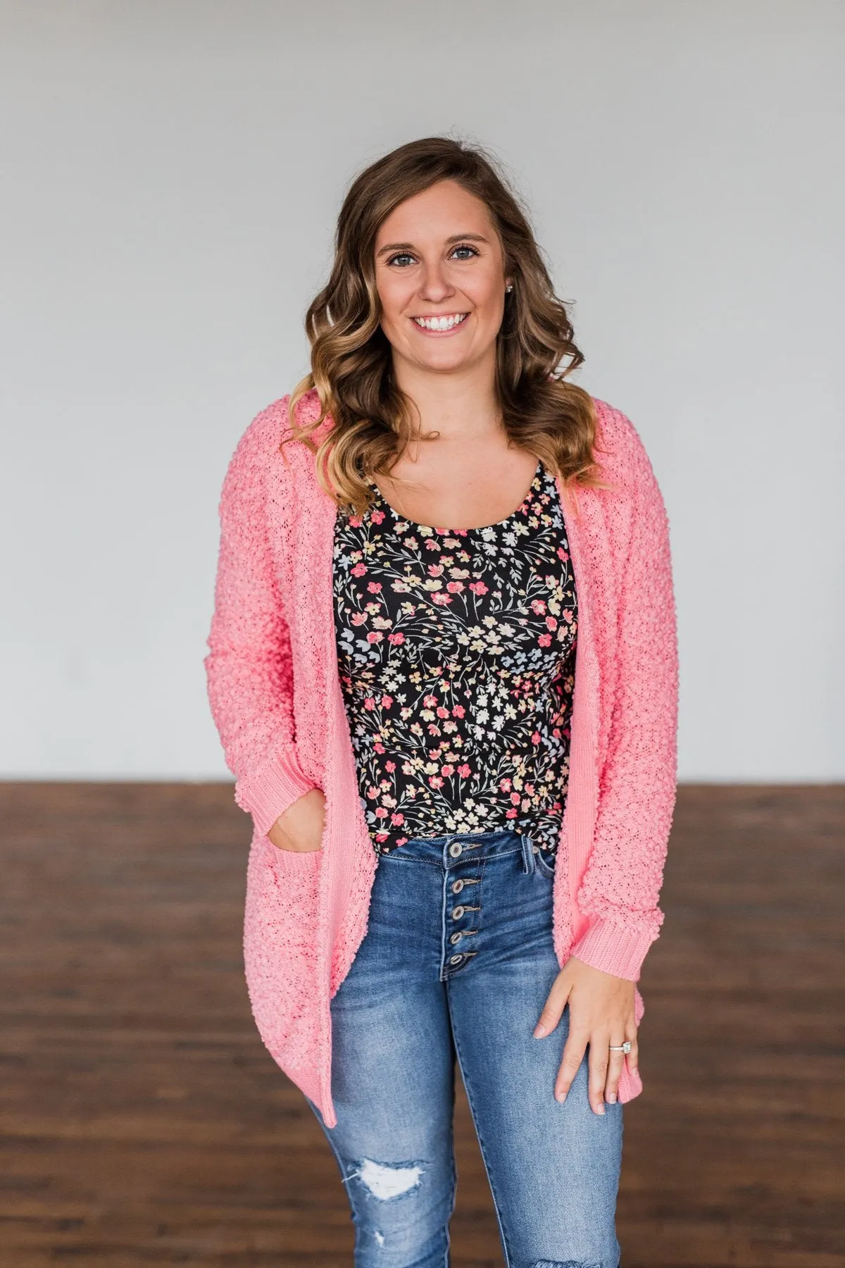 Stealing Glances Popcorn Knit Cardigan- Bubblegum Pink