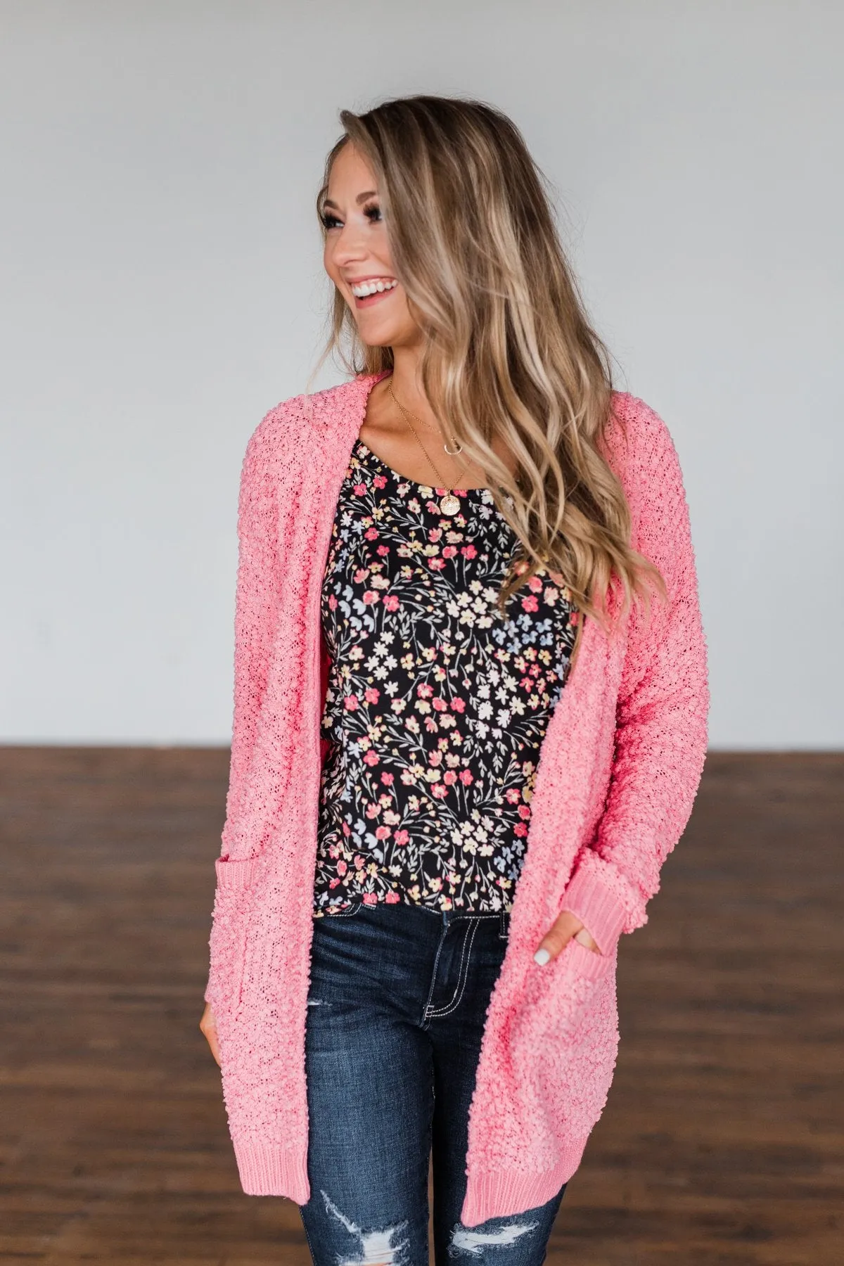 Stealing Glances Popcorn Knit Cardigan- Bubblegum Pink