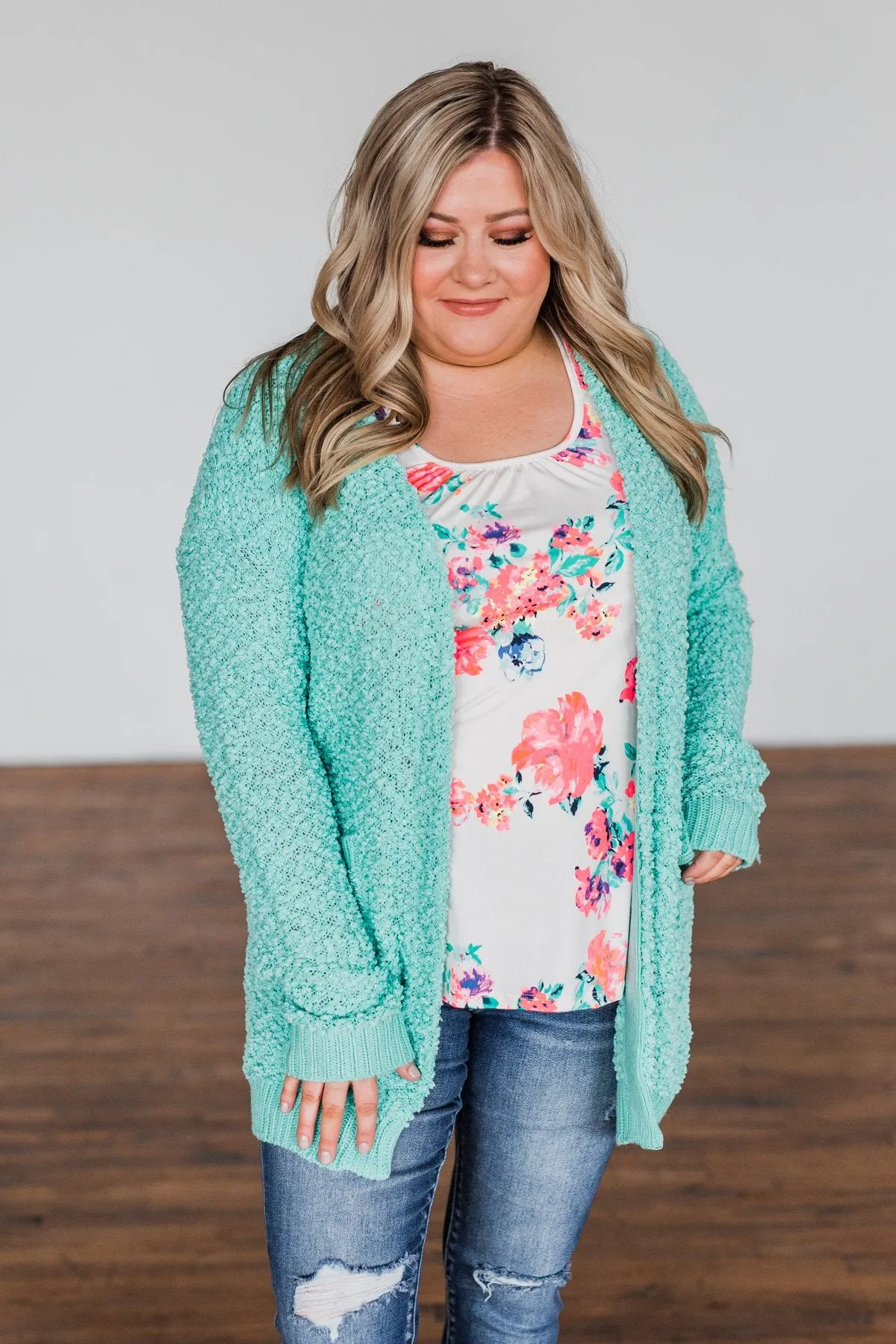 Stealing Glances Popcorn Knit Cardigan- Mint