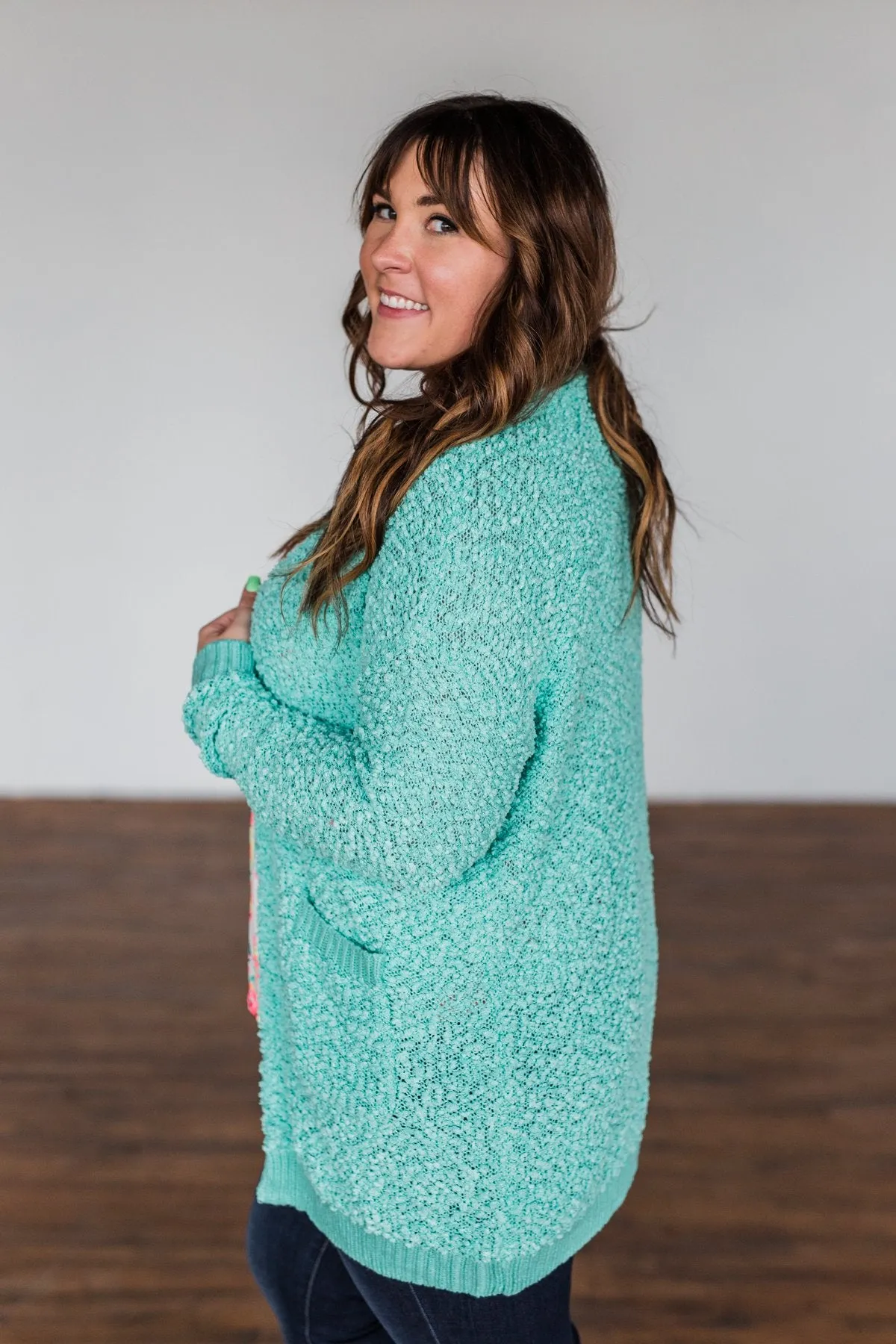 Stealing Glances Popcorn Knit Cardigan- Mint