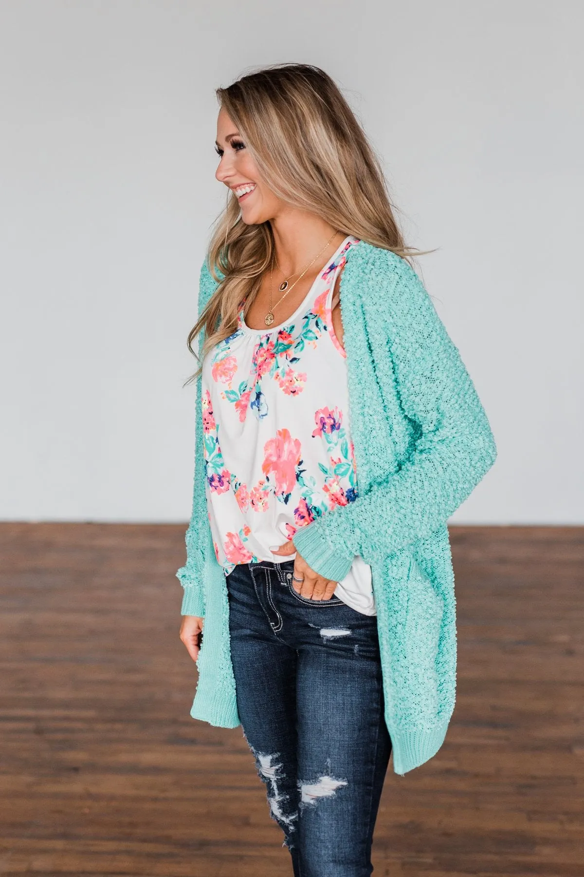 Stealing Glances Popcorn Knit Cardigan- Mint