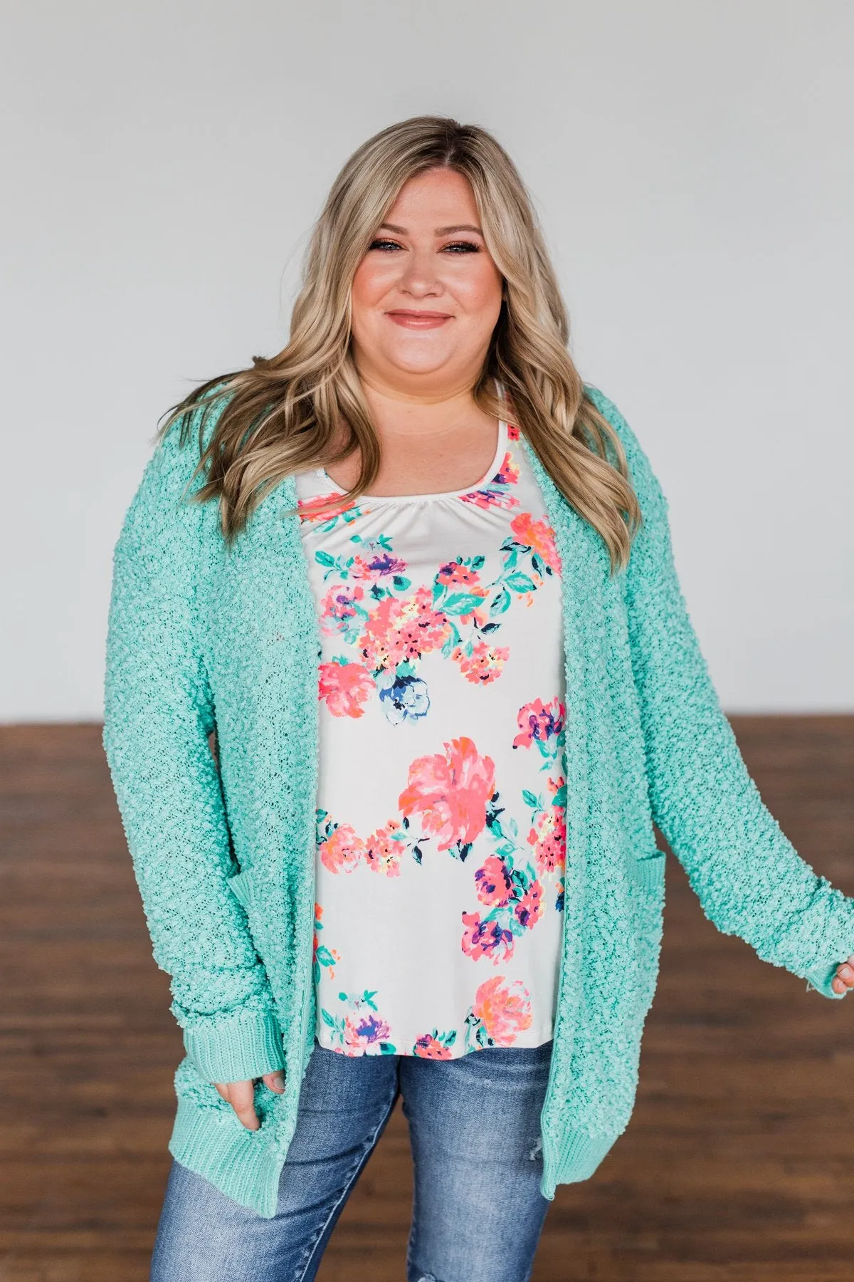 Stealing Glances Popcorn Knit Cardigan- Mint