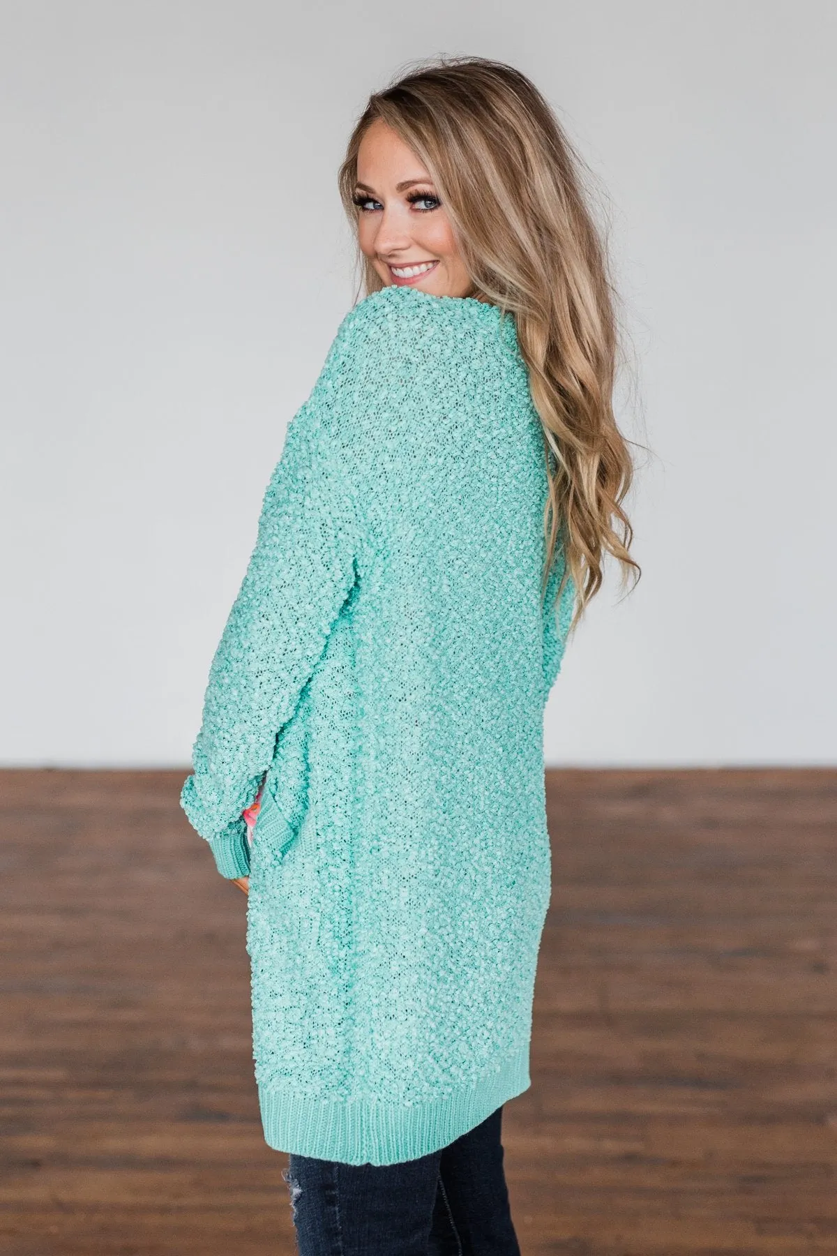 Stealing Glances Popcorn Knit Cardigan- Mint