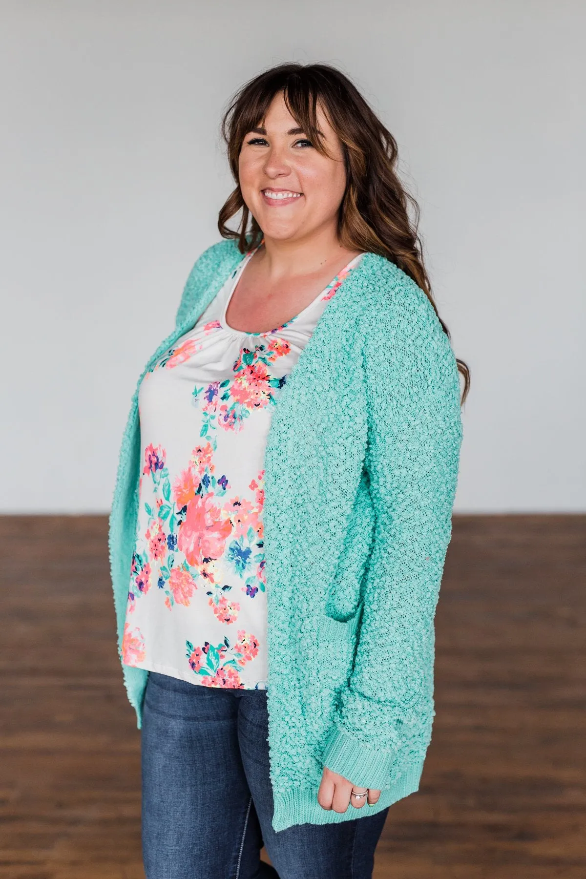 Stealing Glances Popcorn Knit Cardigan- Mint