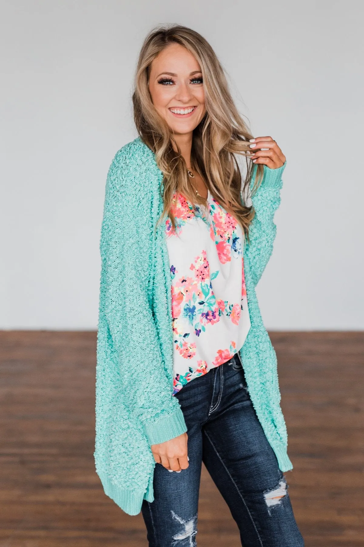 Stealing Glances Popcorn Knit Cardigan- Mint