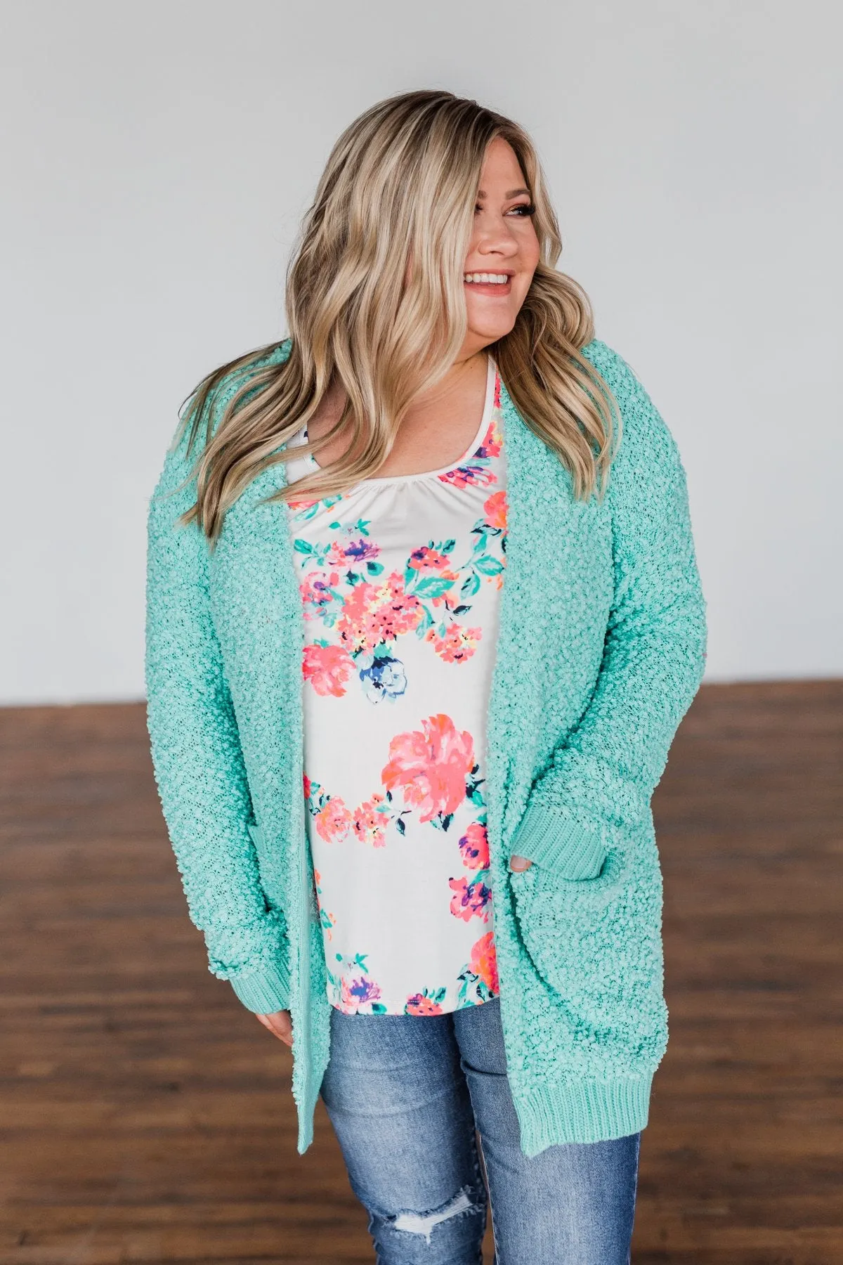 Stealing Glances Popcorn Knit Cardigan- Mint