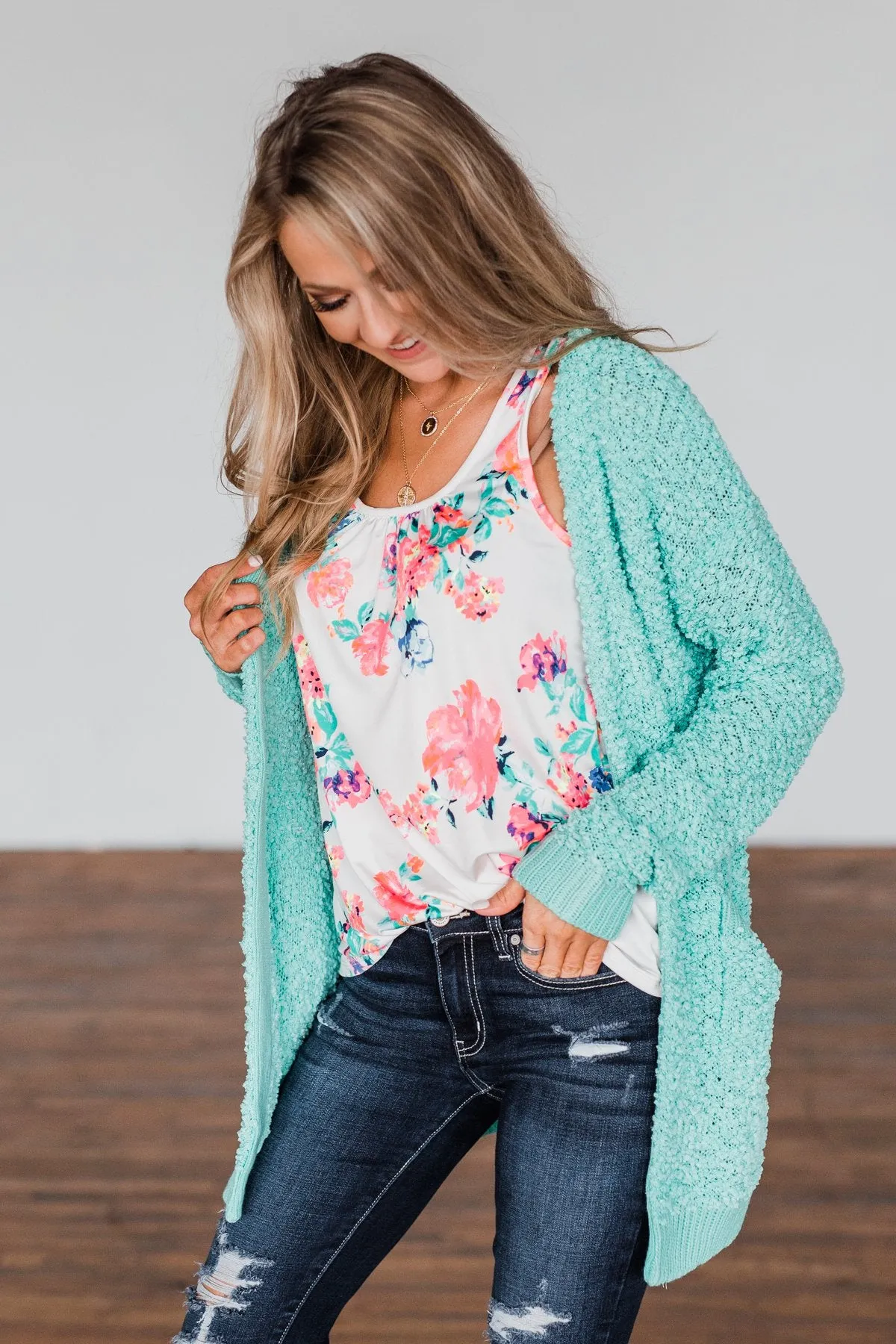 Stealing Glances Popcorn Knit Cardigan- Mint