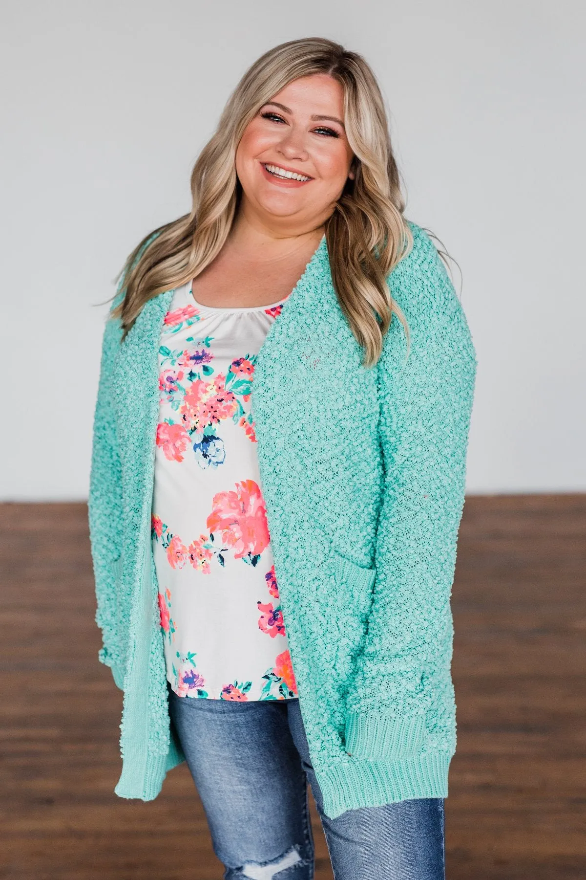 Stealing Glances Popcorn Knit Cardigan- Mint