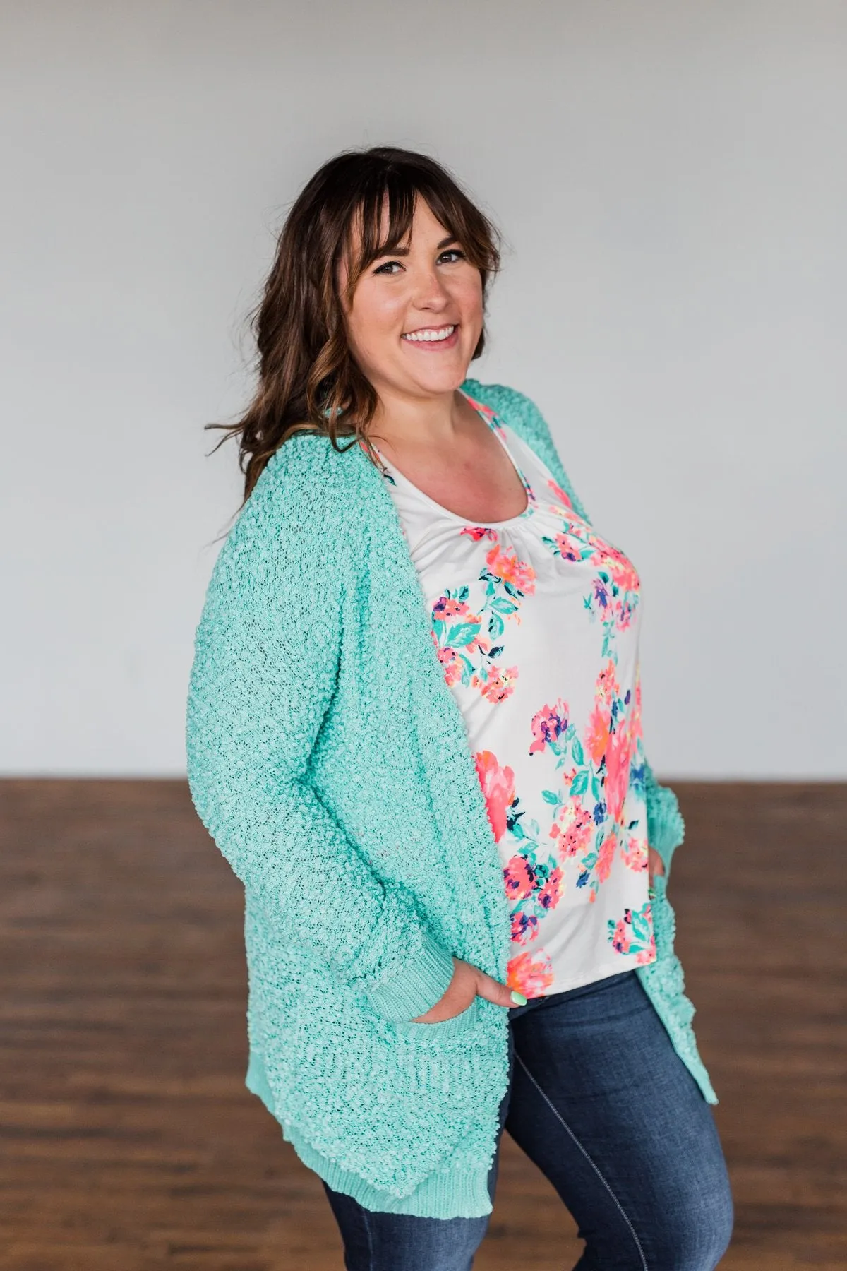 Stealing Glances Popcorn Knit Cardigan- Mint