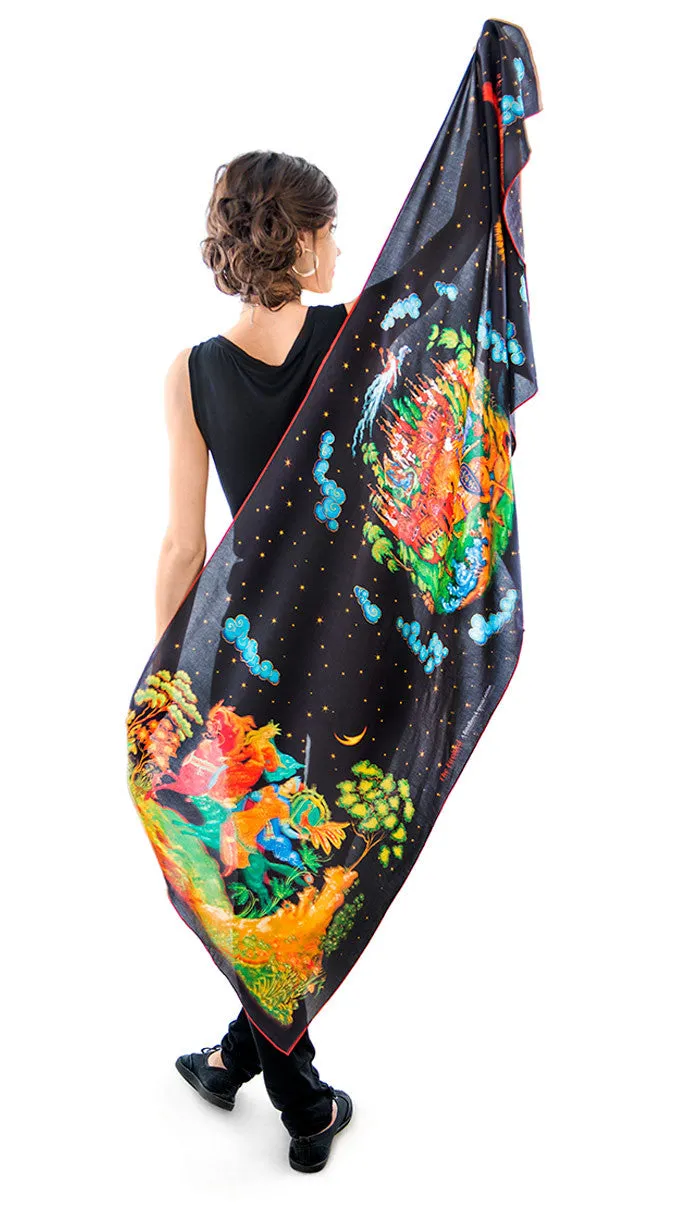 The Firebird, pure silk-satin scarf wrap.