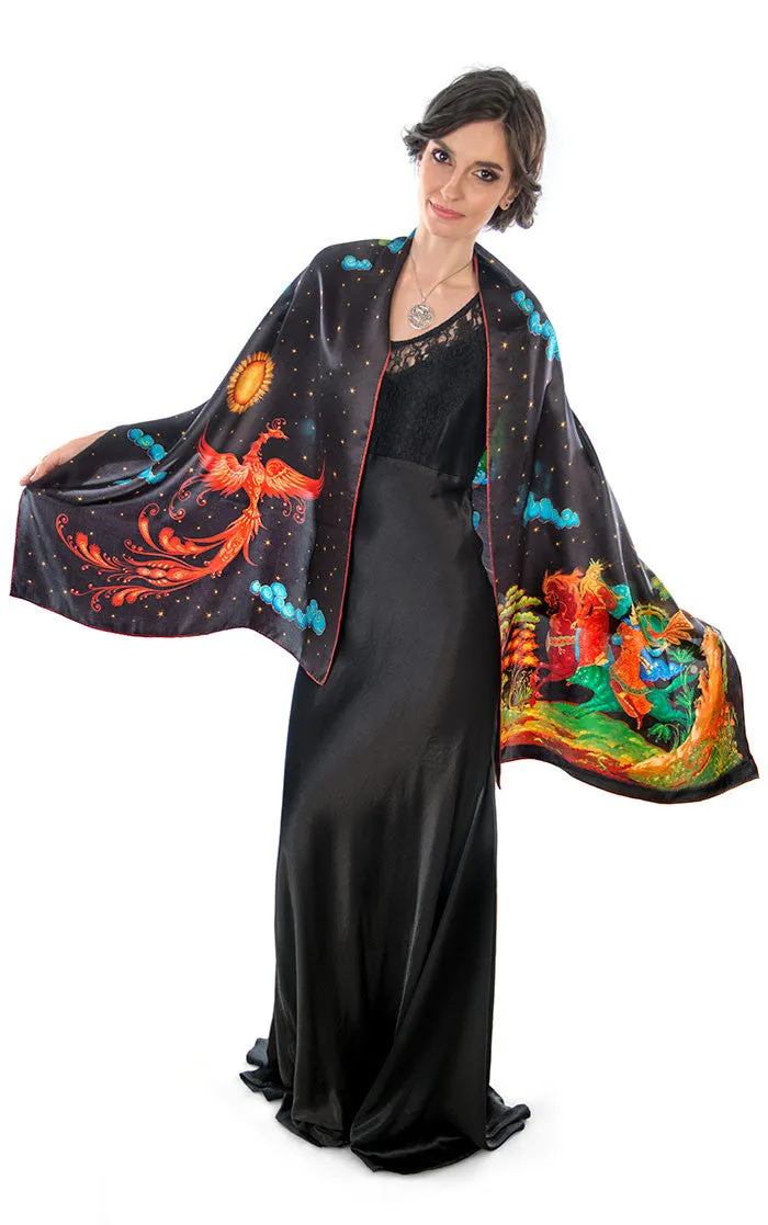 The Firebird, pure silk-satin scarf wrap.