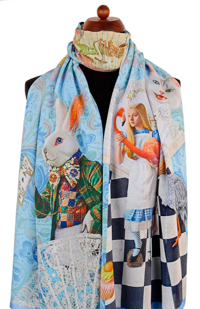 The White Rabbit, sky blue version, soft viscose scarf/wrap.