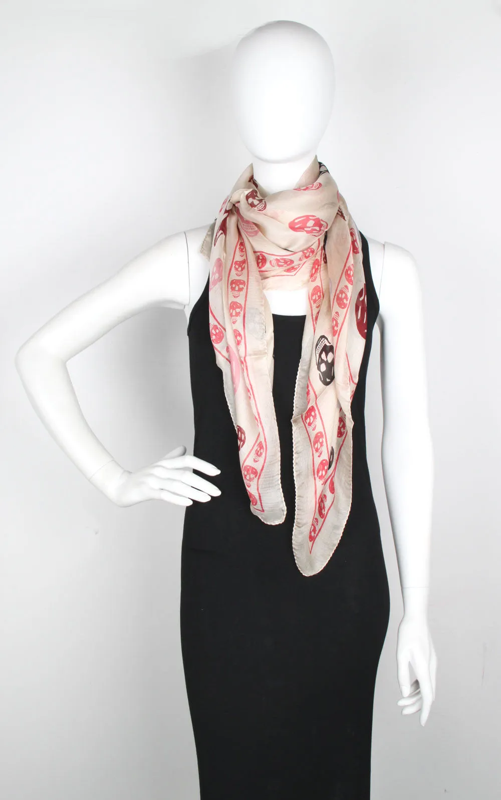 Tri-colour Skull Scarf Silk Chiffon, Cream/Red/Burgundy