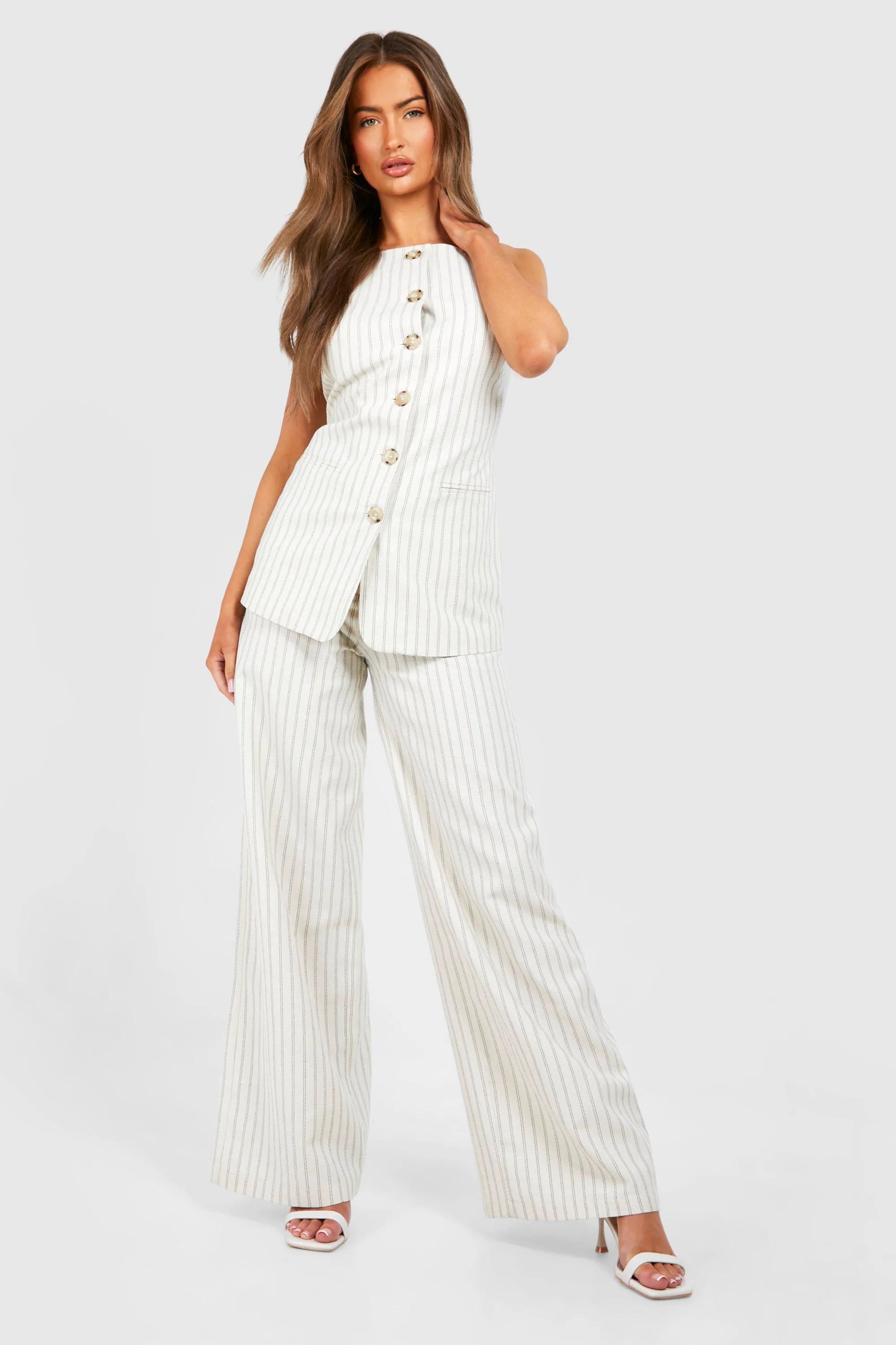 Trousers | Textured Pinstripe Straight Leg Trousers | boohoo