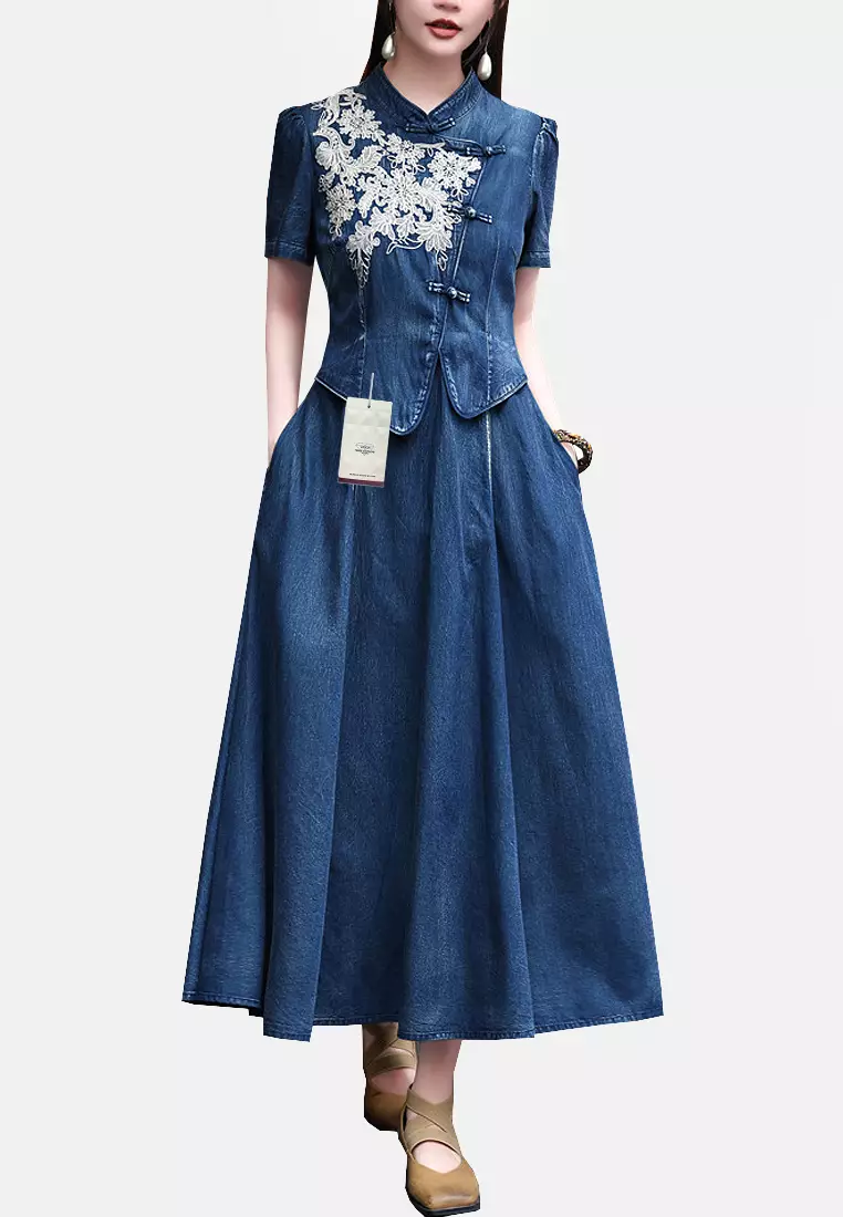 Twenty Eight Shoes VANSA Stand Collar Embroidery Two Piece Denim Dress VCW-Bd-82695