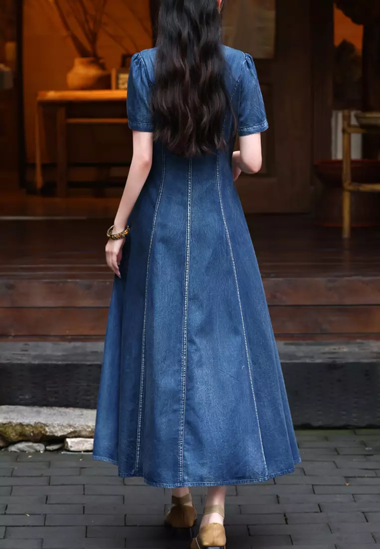 Twenty Eight Shoes VANSA Stand Collar Embroidery Two Piece Denim Dress VCW-Bd-82695