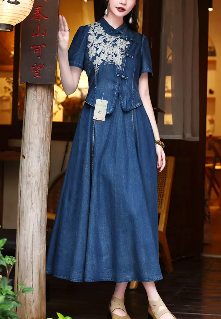 Twenty Eight Shoes VANSA Stand Collar Embroidery Two Piece Denim Dress VCW-Bd-82695