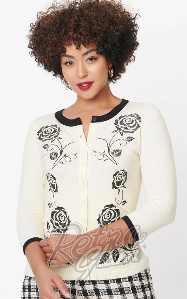 Unique Vintage Bookworm Roses Cardigan in Cream & Black - S left only