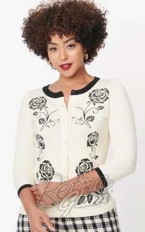 Unique Vintage Bookworm Roses Cardigan in Cream & Black - S left only