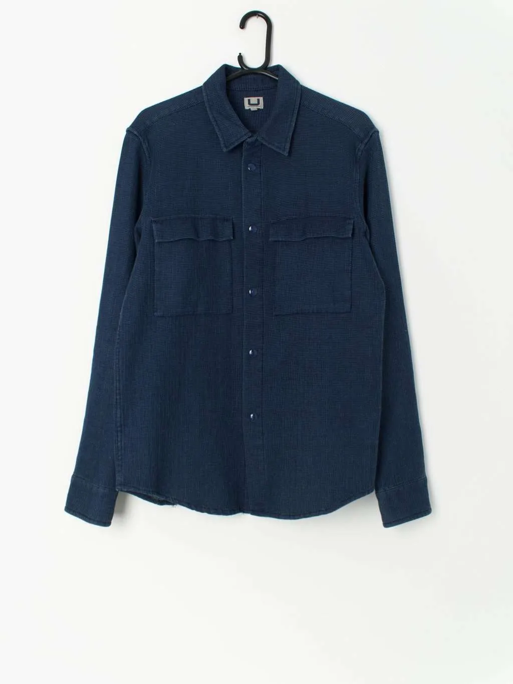 Vintage waffle texture shirt in navy blue with long sleeves – Small / Medium