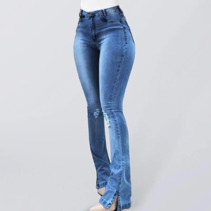 Women Jeans - High Waist Slit Flared Jeans